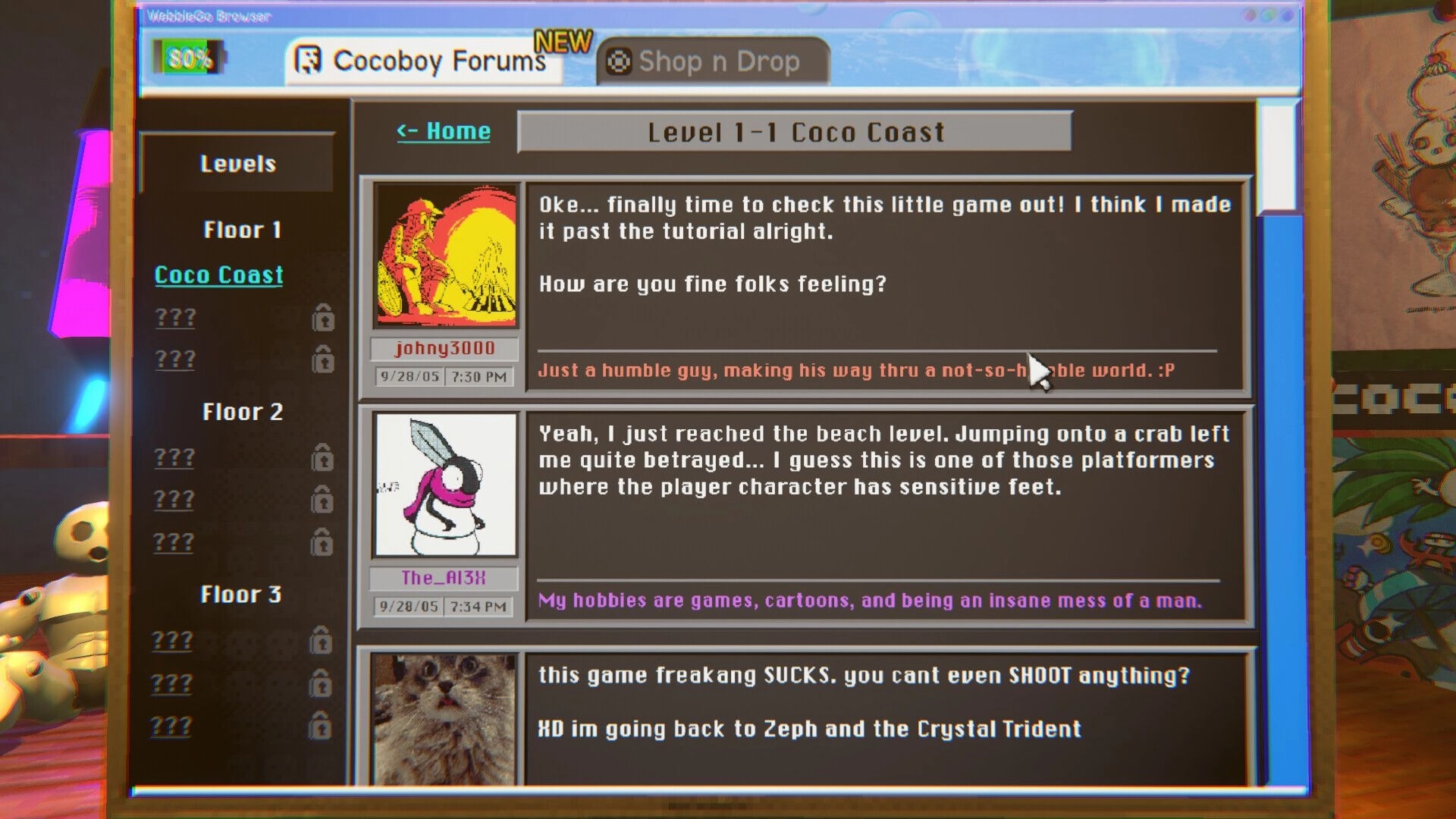 COCOBOY: Cocoboy Forums thread for Level 1-1 Coco Coast with user posts and level list sidebar.