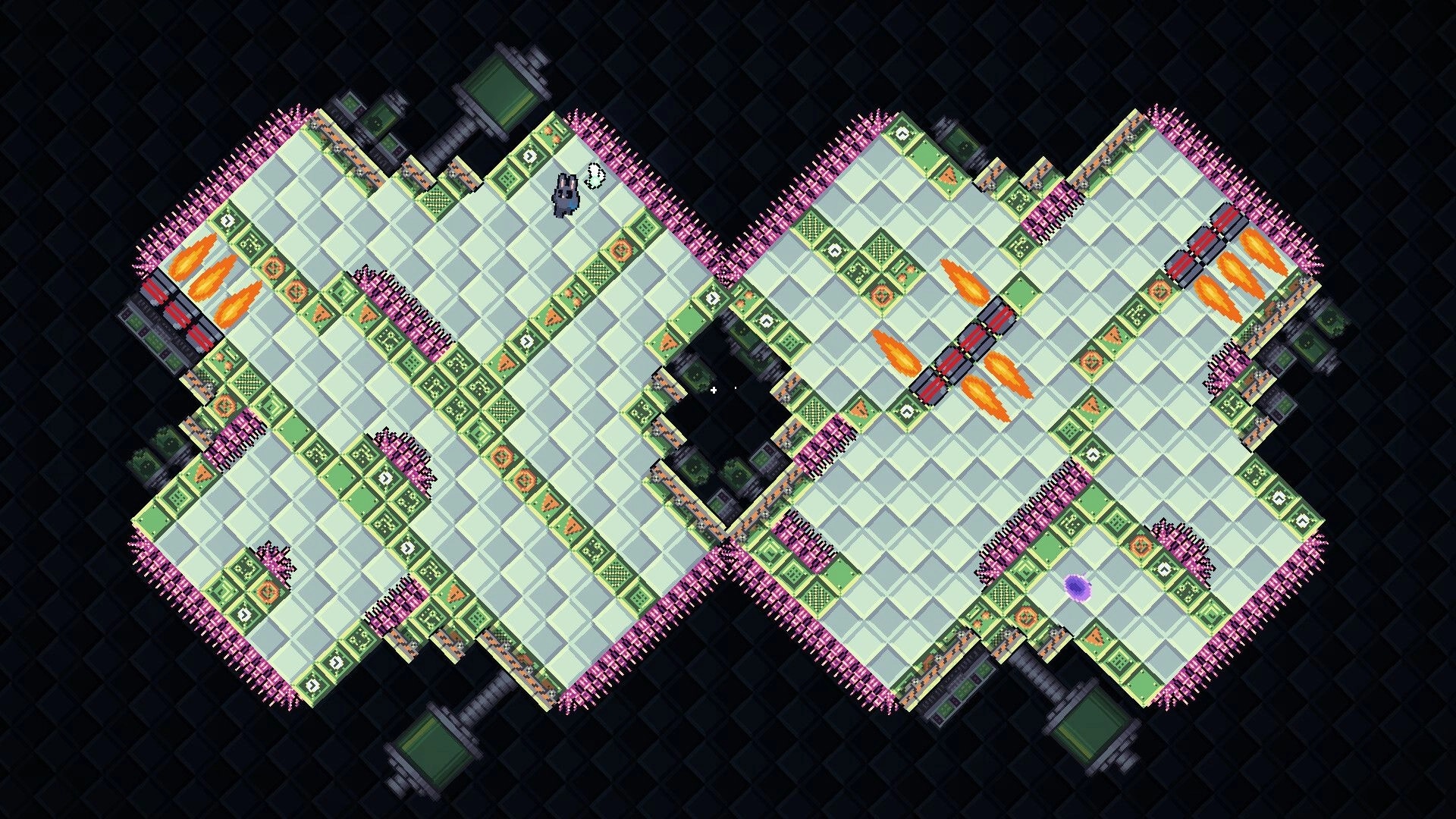 Coco’s Revenge: Bunny avatar navigates twin tile arenas with spikes and fire traps in neon lab maze.