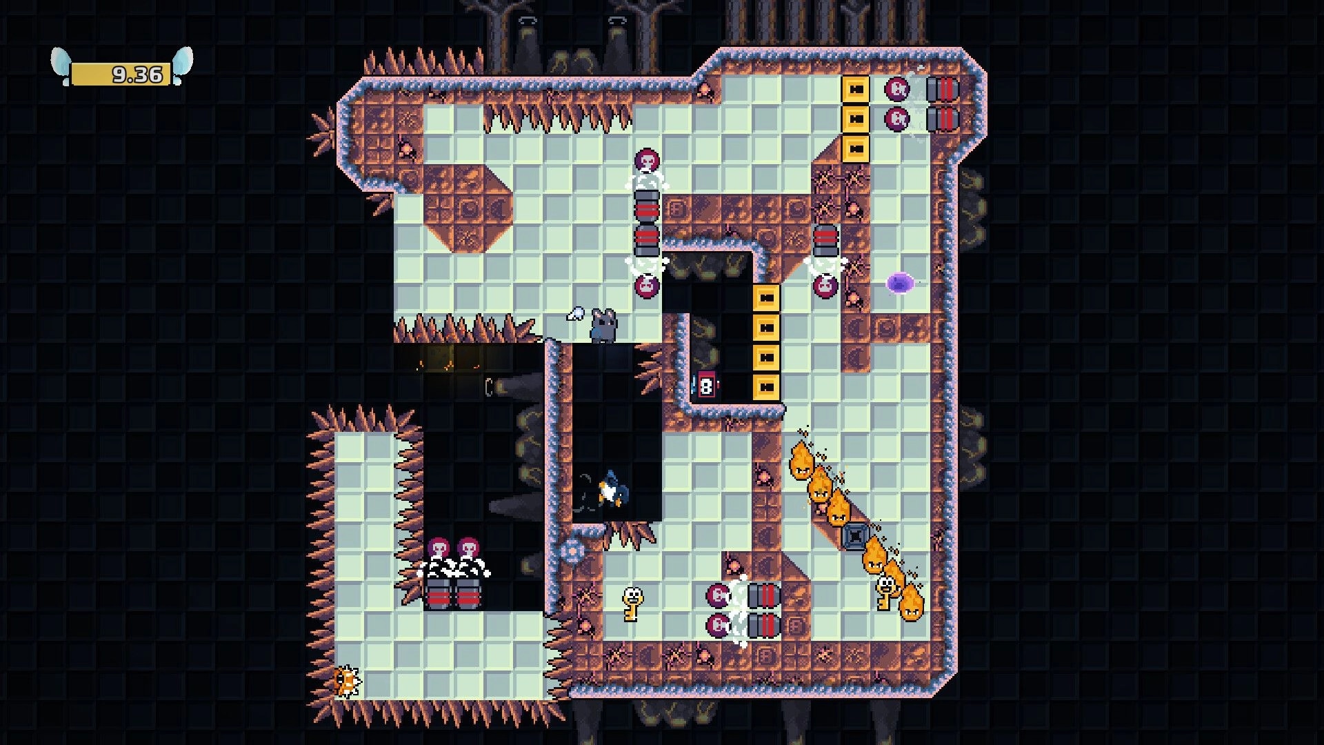Coco’s Revenge: Bunny dodges spikes and spring pillars in a tiled cave maze with timer UI at top left.