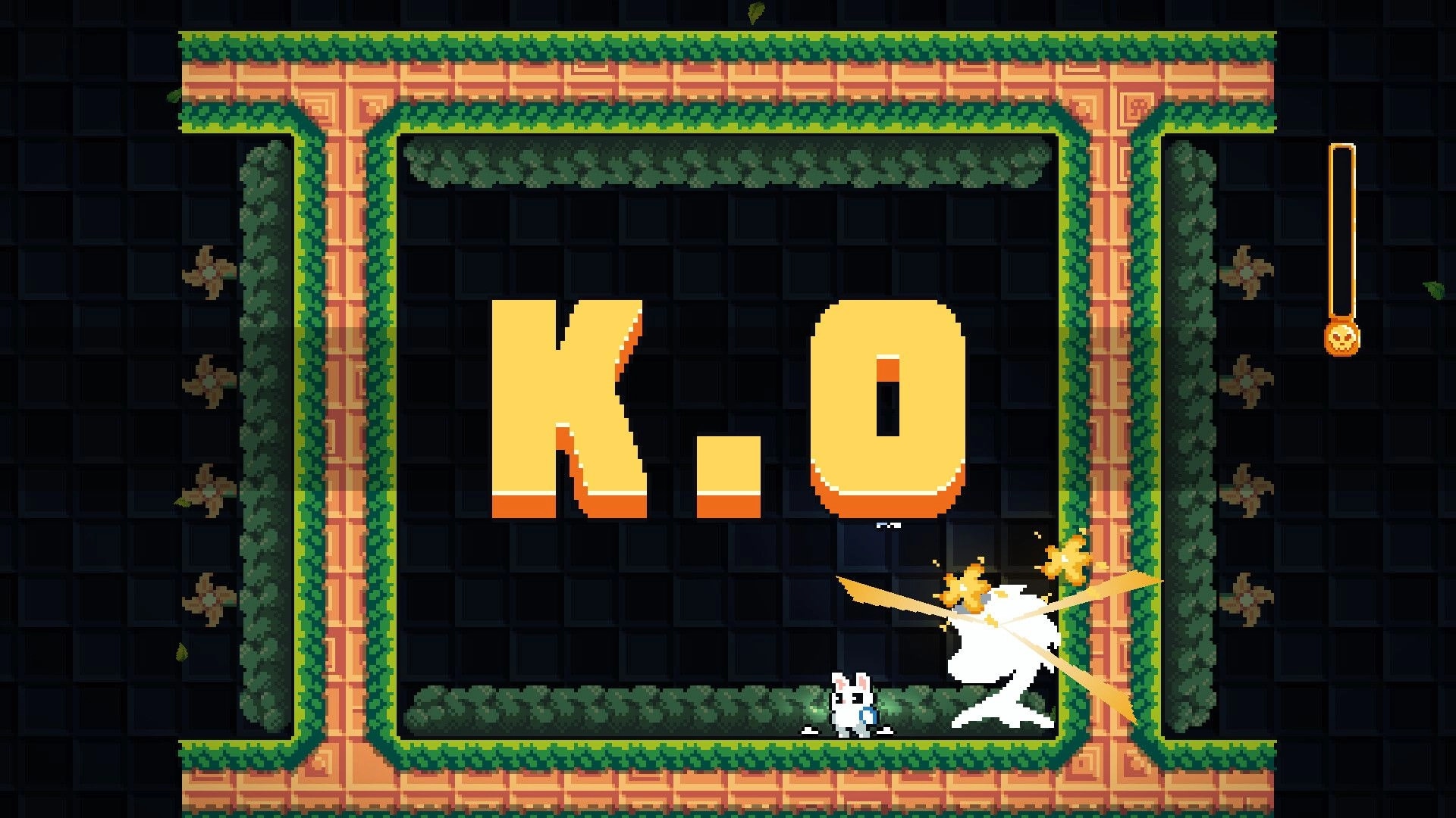 Coco’s Revenge: K.O. defeat screen with bunny beside explosion in a vine-lined pixel arena corridor.