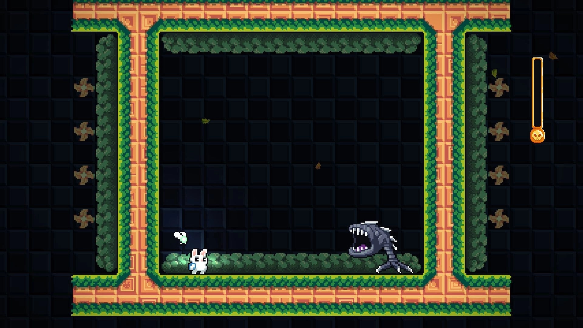 Coco’s Revenge: Bunny faces a snapping plant monster in a mossy stone corridor with a gauge UI.