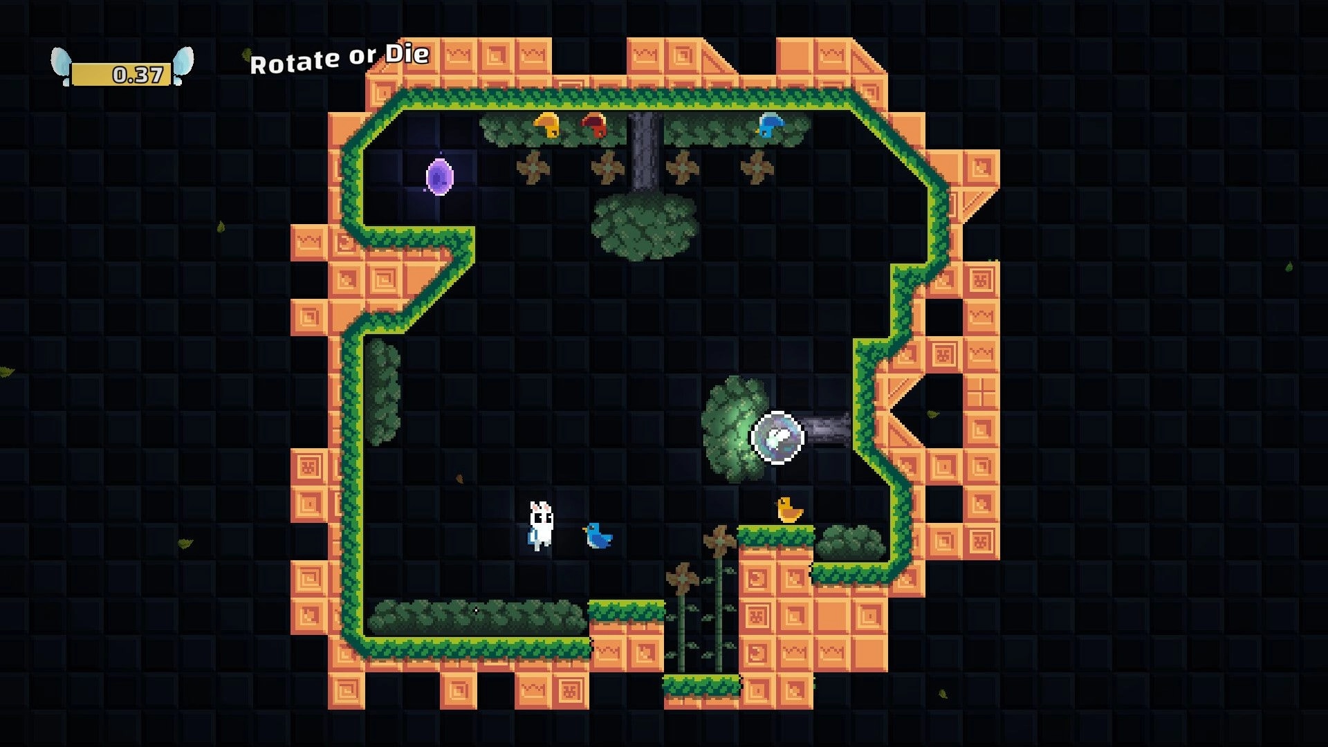 Coco’s Revenge: Bunny stands by a blue bird under “Rotate or Die” in a grassy brick maze level.