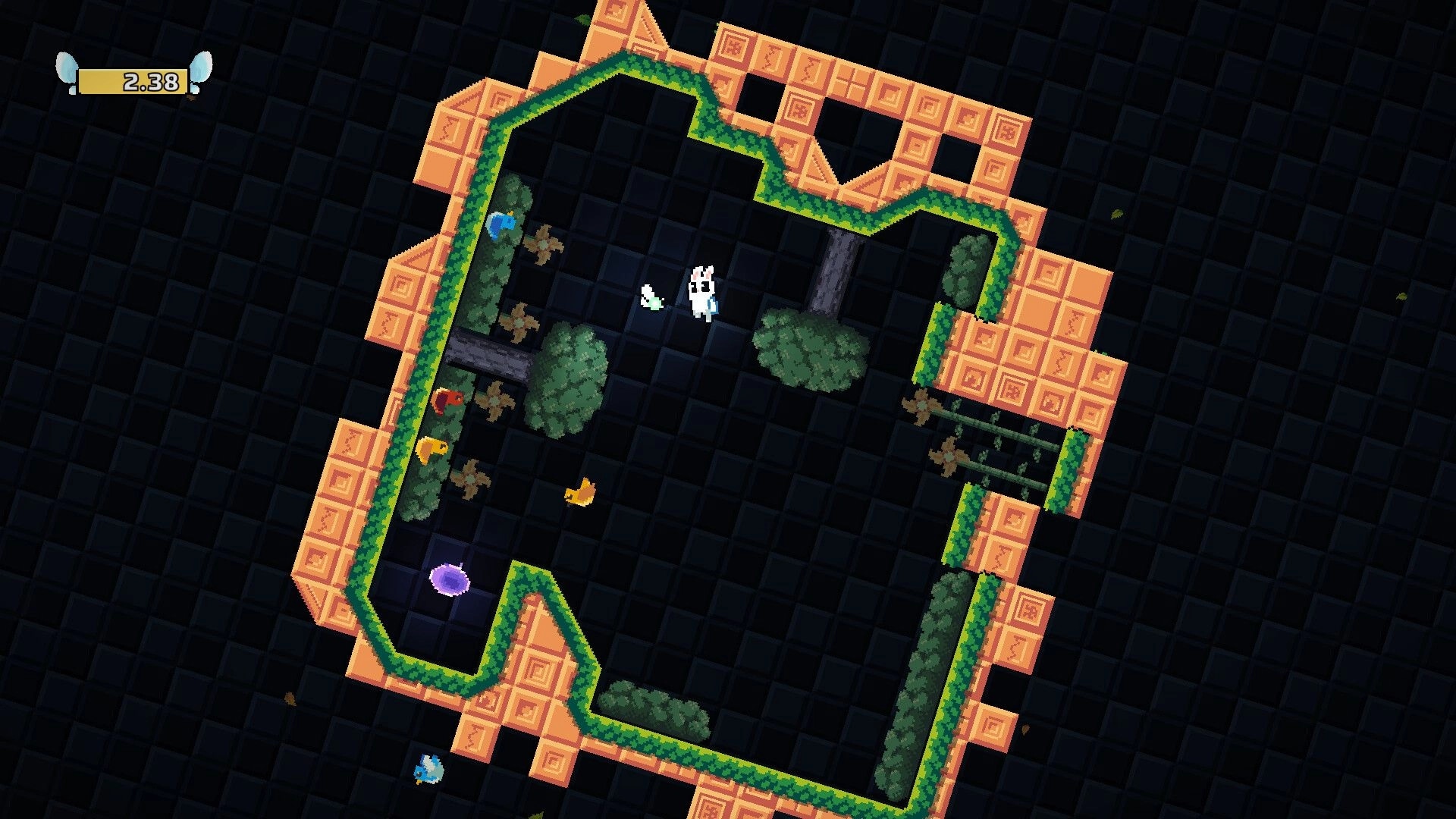 Coco’s Revenge: White bunny dodges hazards near a purple portal in a tilted tile-and-vine maze level.