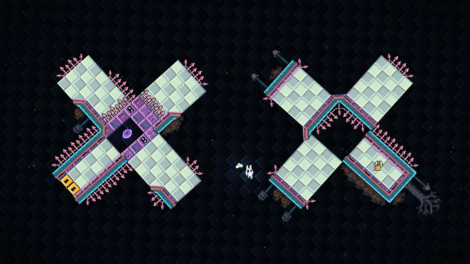 Coco’s Revenge: White bunny floats between rotating spike-lined tile platforms in dark void level.