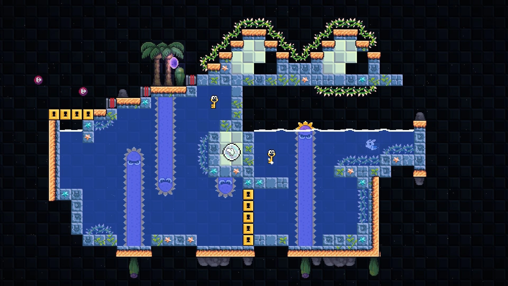 Coco’s Revenge: Key collectibles and spike hazards over water pools in a tiled temple cavern stage.
