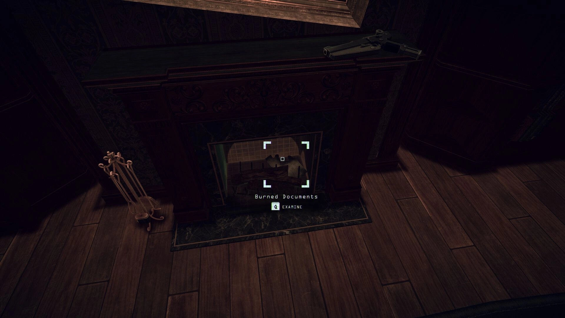 Code: Burned documents highlighted in a fireplace with a gun on the mantel in a dimly lit room