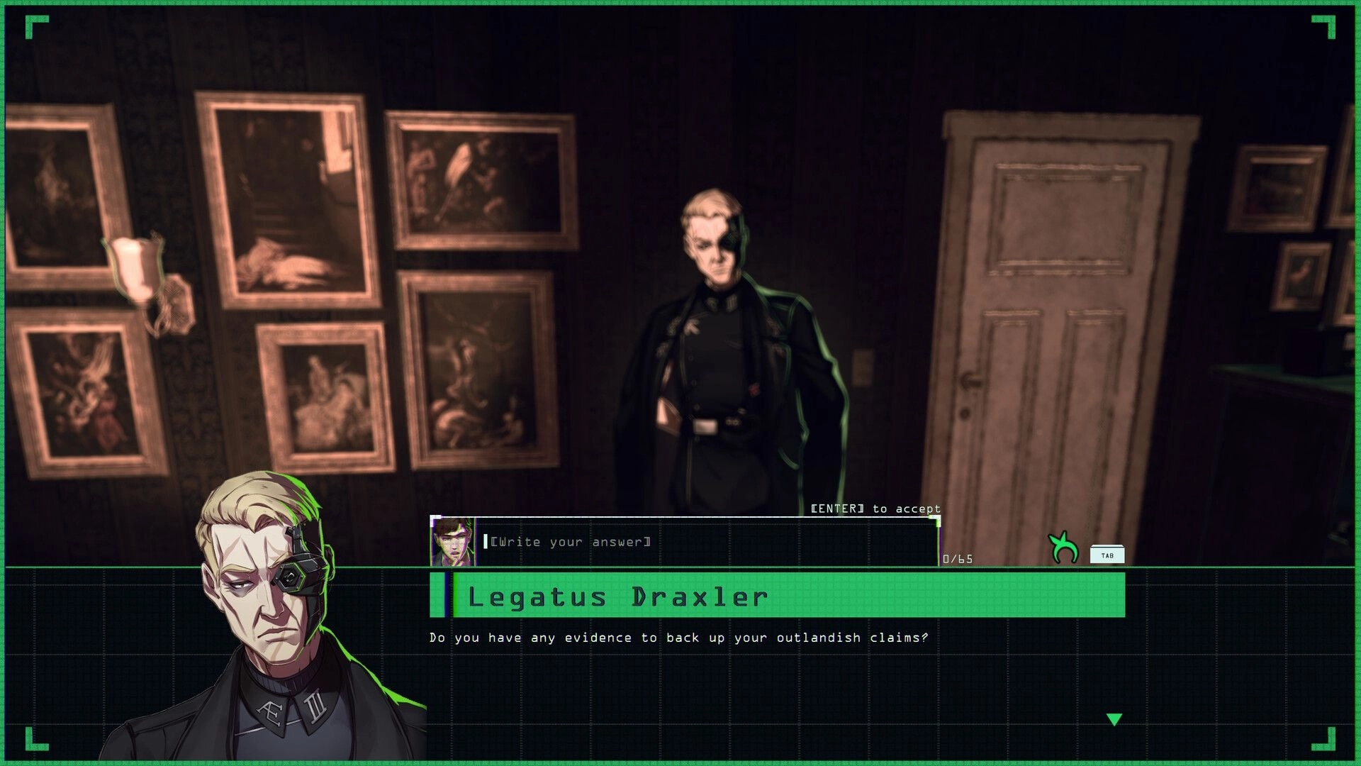 Code: Interrogation of Legatus Draxler in dimly lit room with paintings and dialogue interface visible