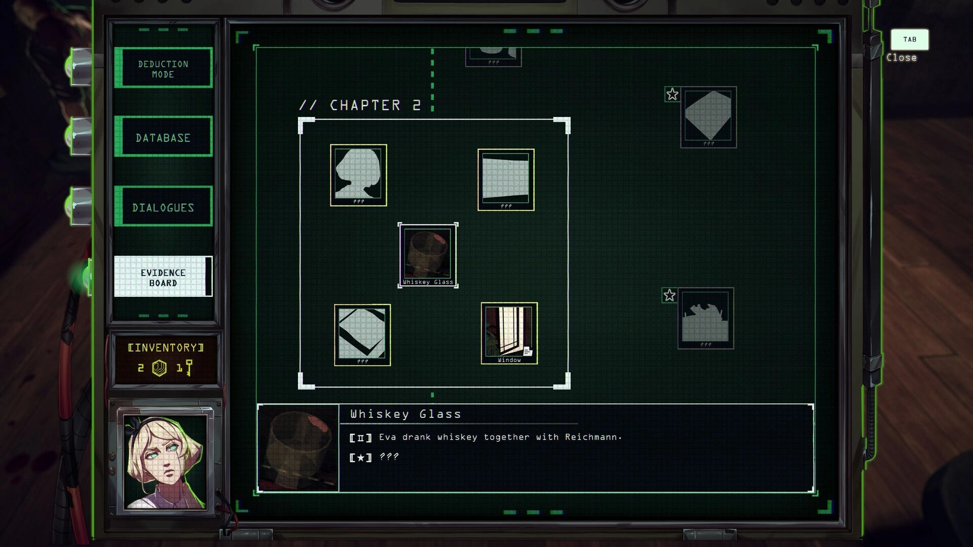 Code: Evidence board with whiskey glass clue highlighted in Chapter 2 investigation interface
