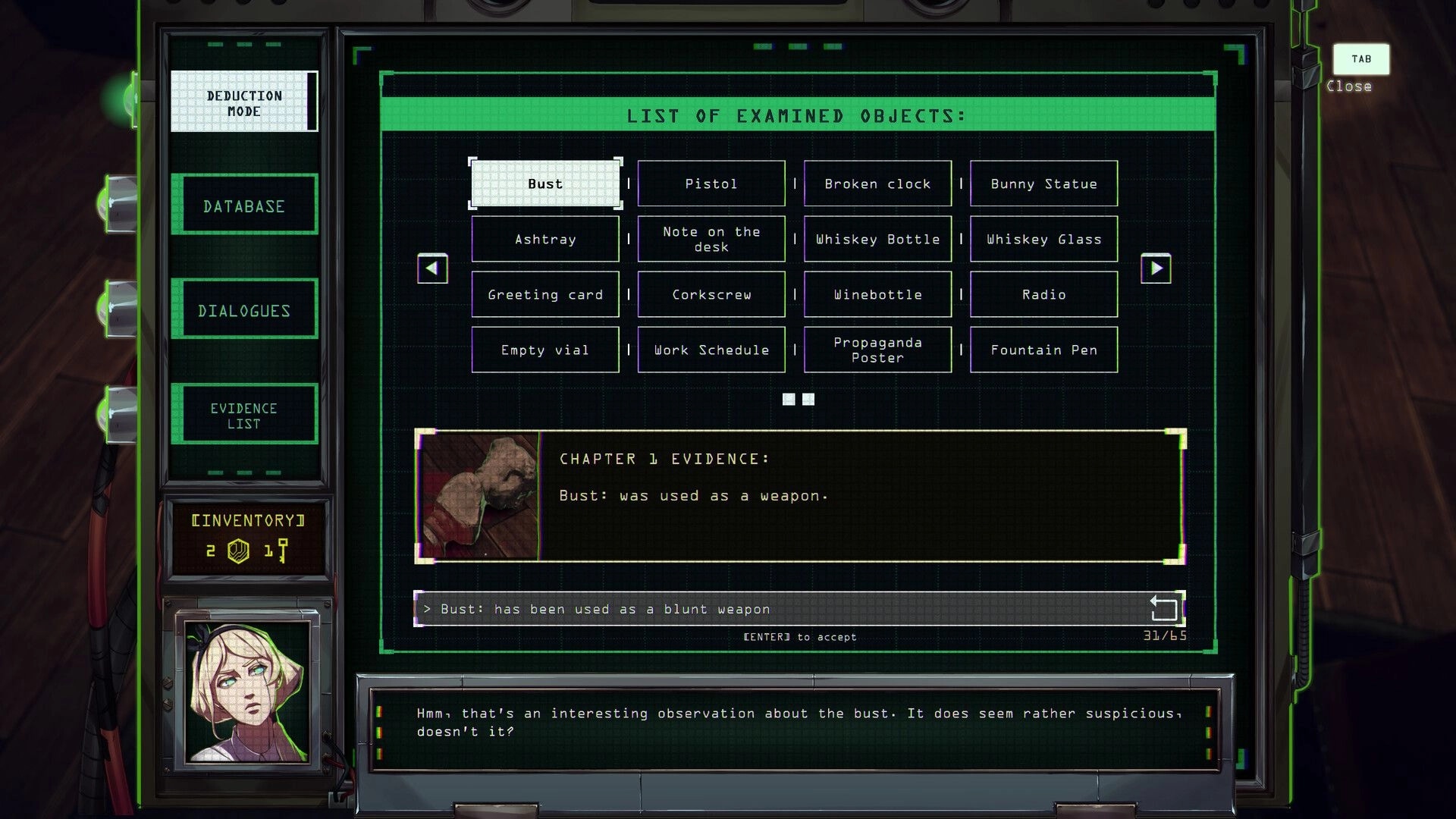 Code: Evidence list interface showing examined objects and bust used as weapon in crime scene analysis