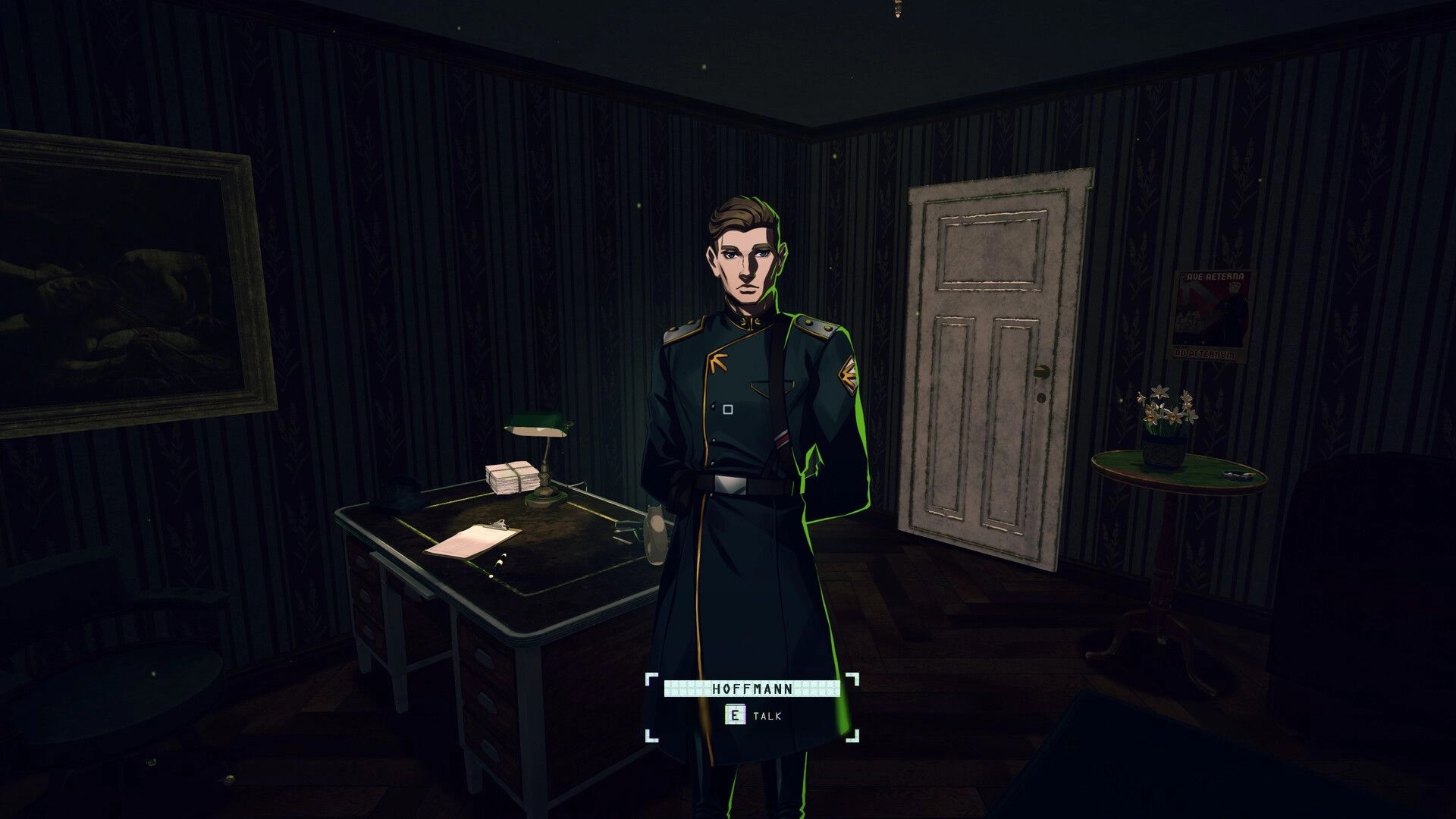 Code: Character Hoffmann stands in dimly lit office, next to desk with lamp and papers, ready to talk.