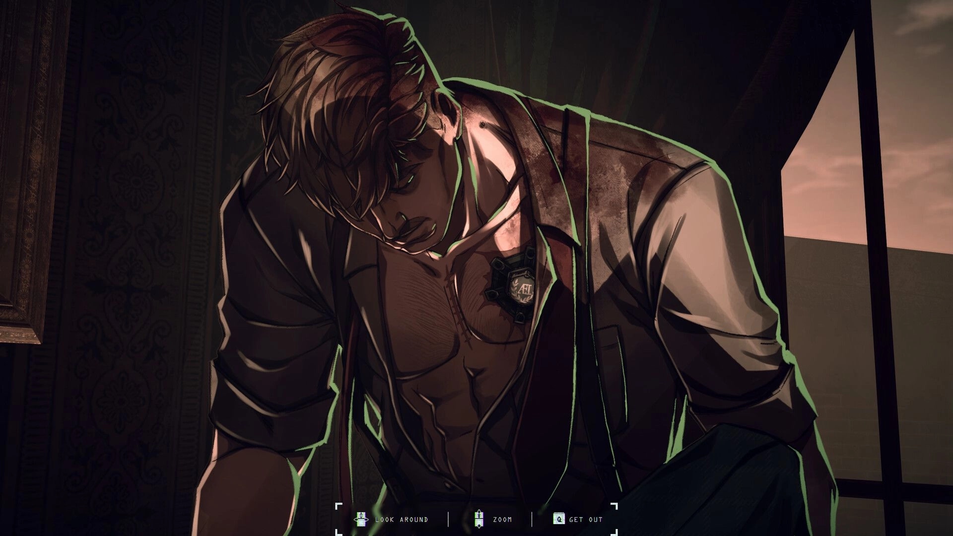 Code: Detective kneeling in dimly lit room, introspective pose, visible badge and UI options below.