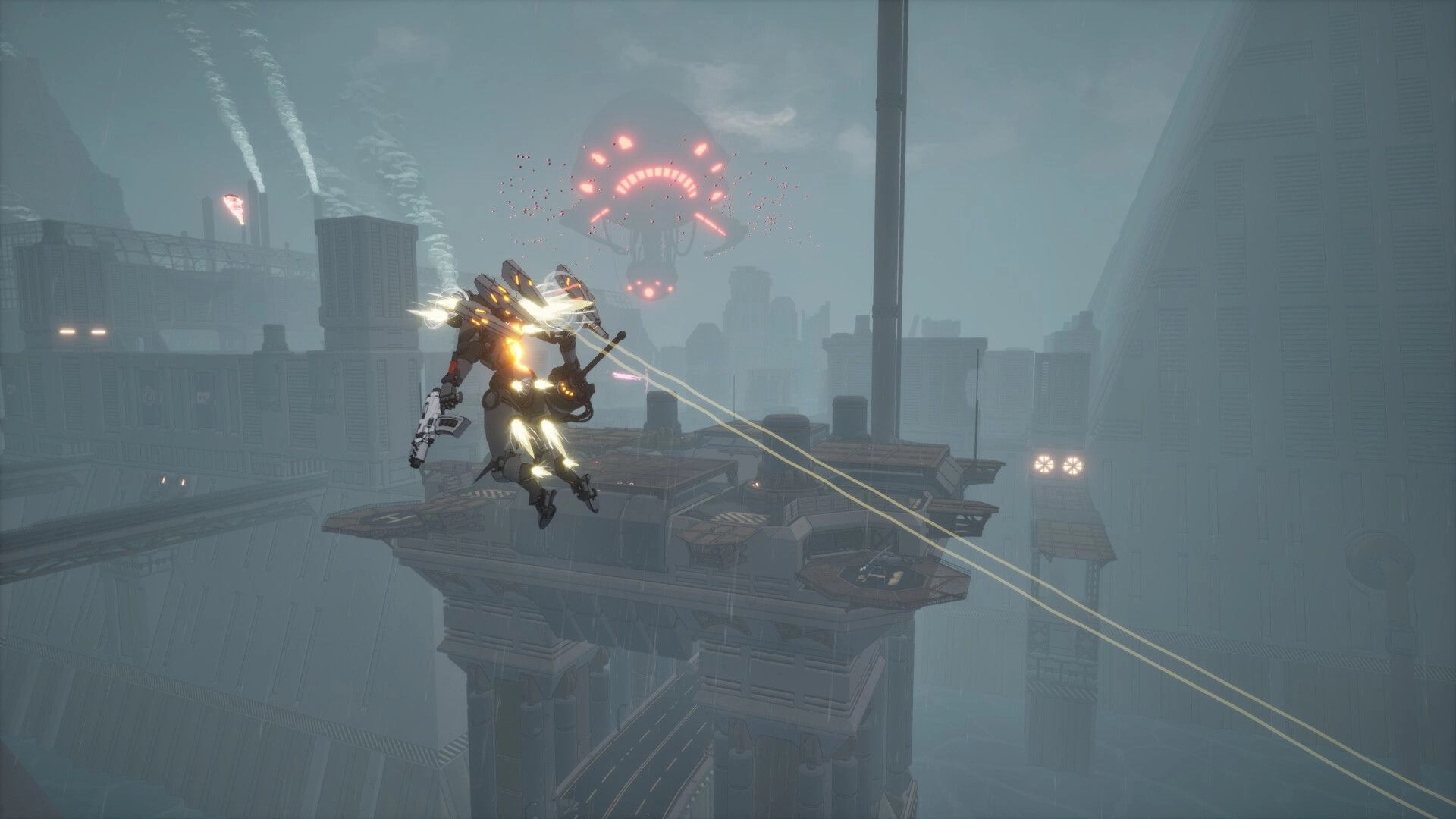 Code RAPID: Mech boosts midair firing twin beams over rainy industrial city platforms at dusk.