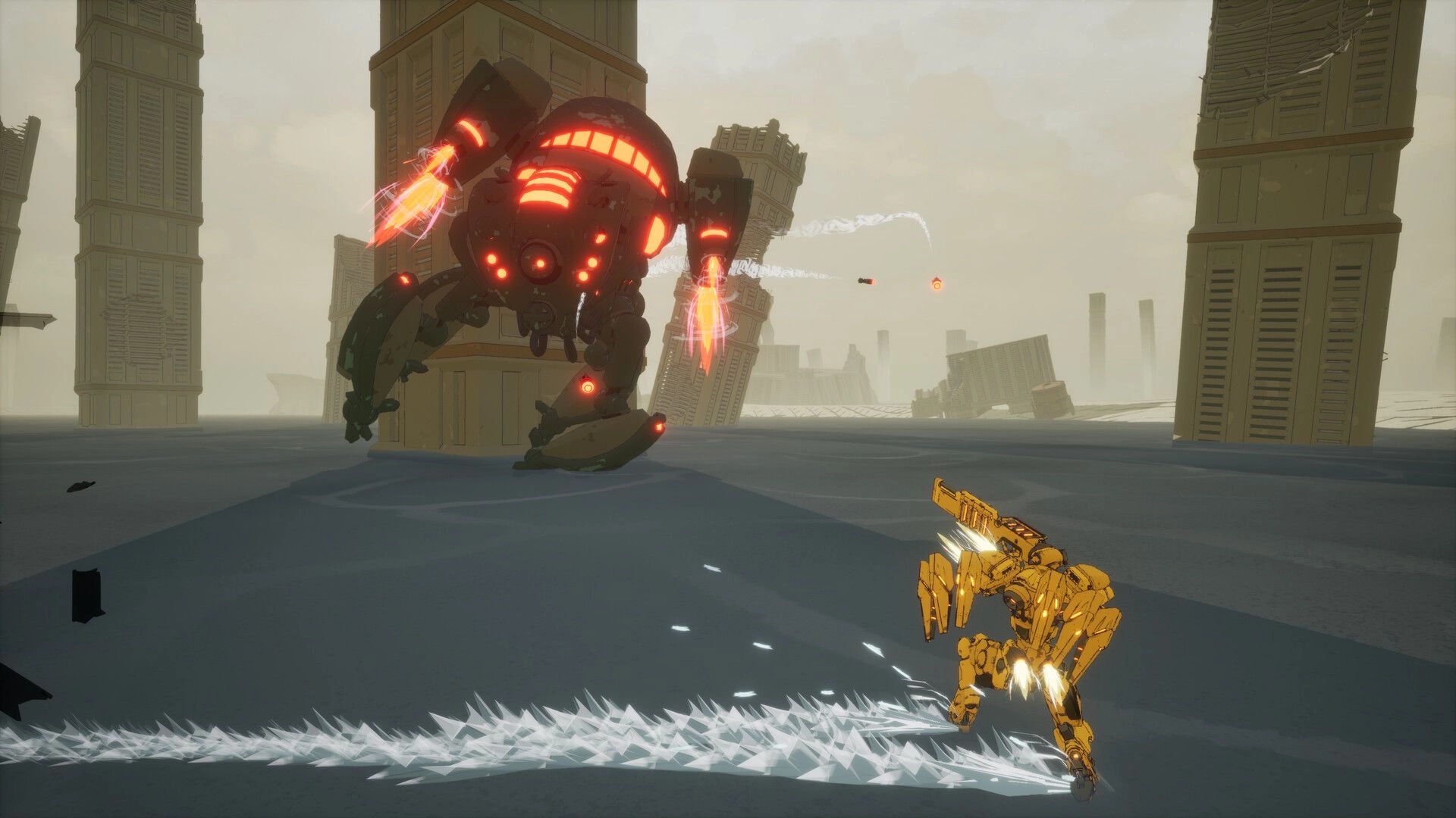Code RAPID: Yellow mech dashes toward a glowing red spider mech amid towering ruins in a desert plain.