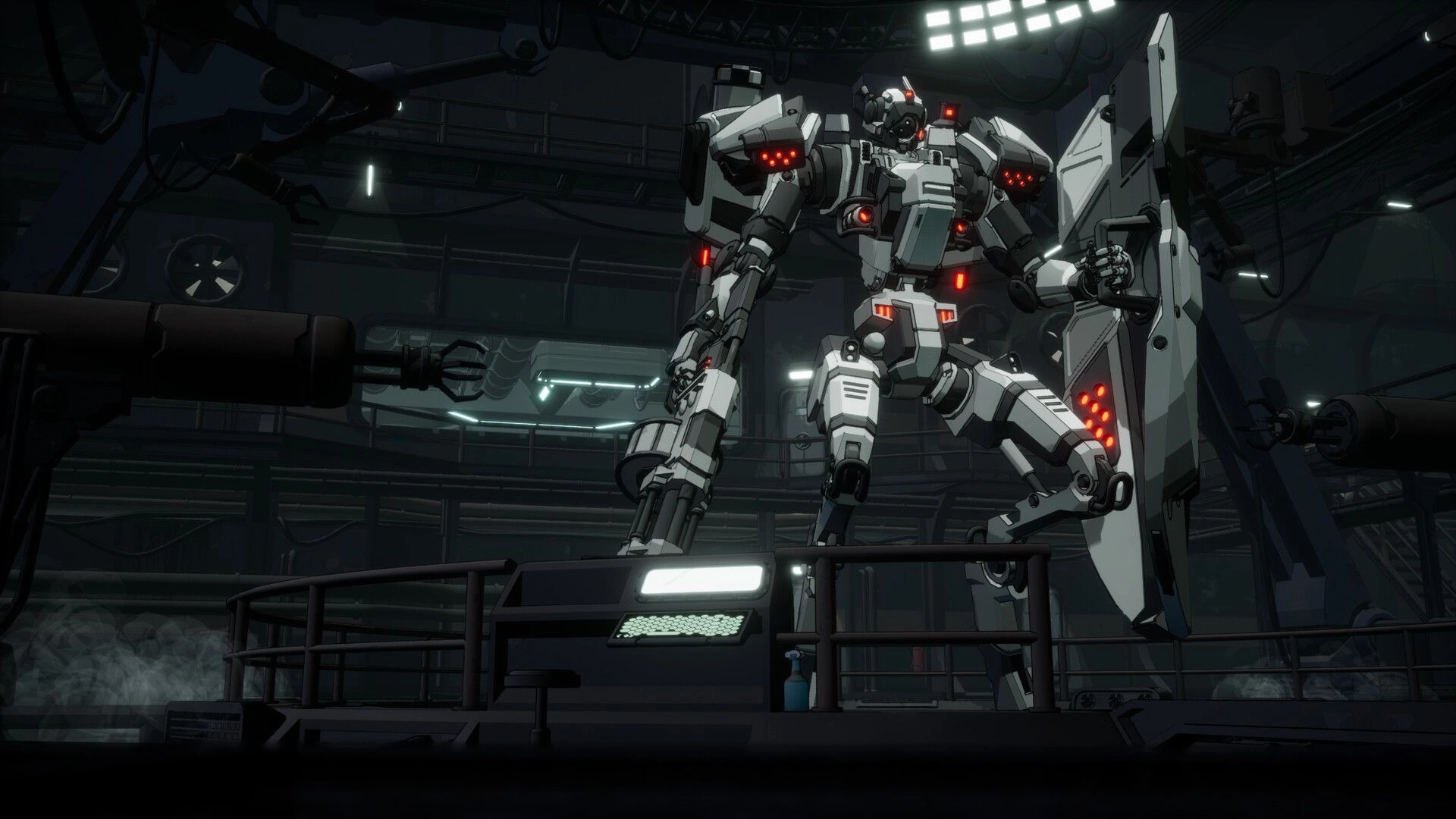Code RAPID: White mech with shield and cannon stands in a dim hangar bay with machinery overhead.