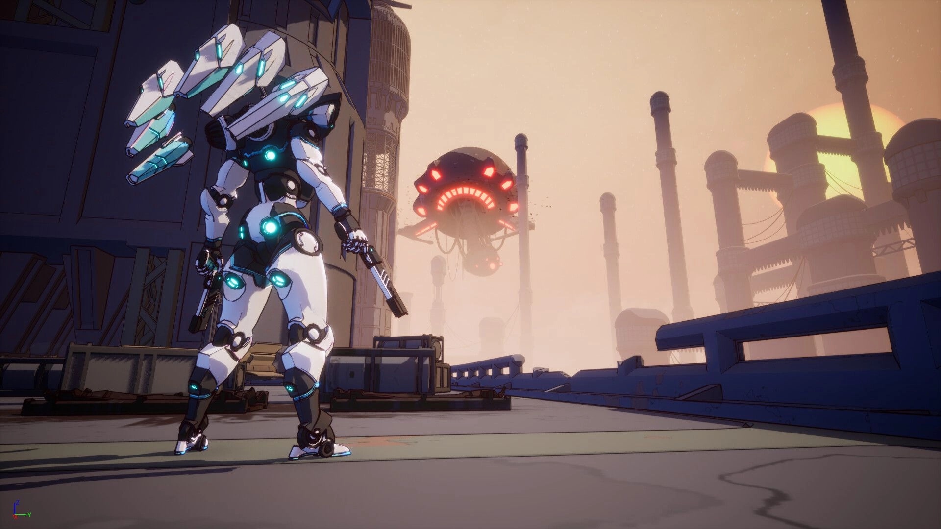 Code RAPID: Armed white mech aims at red-lit hovering drone above an industrial skyline at sunset.