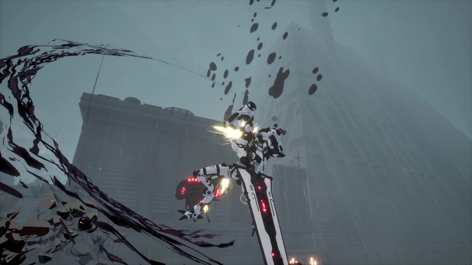 Code RAPID: White mech midair with thruster sparks dodging black tendrils in rainy city ruins.