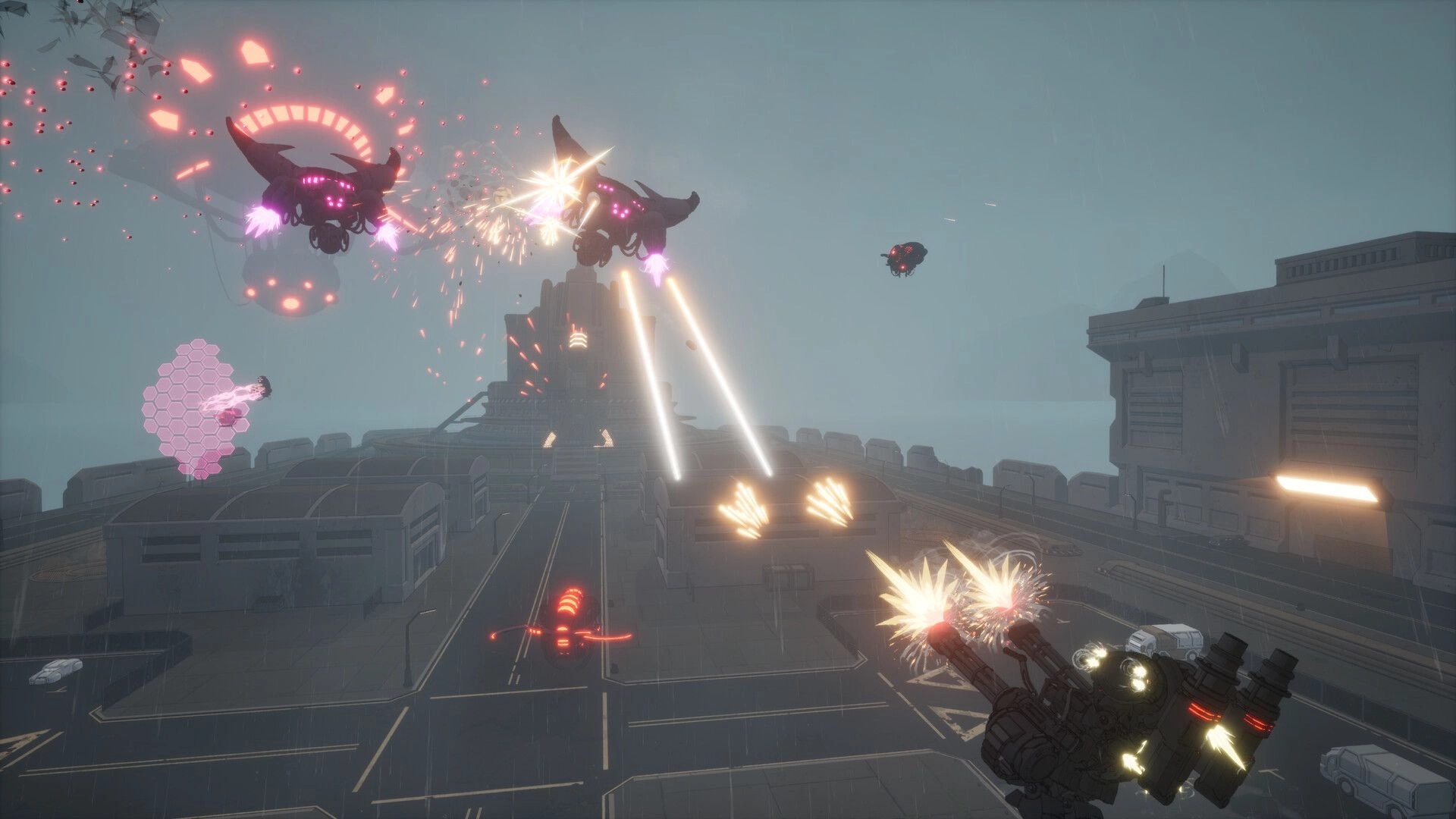 Code RAPID: Mech fires dual cannons at hovering drones above a rainy industrial base rooftop battle.