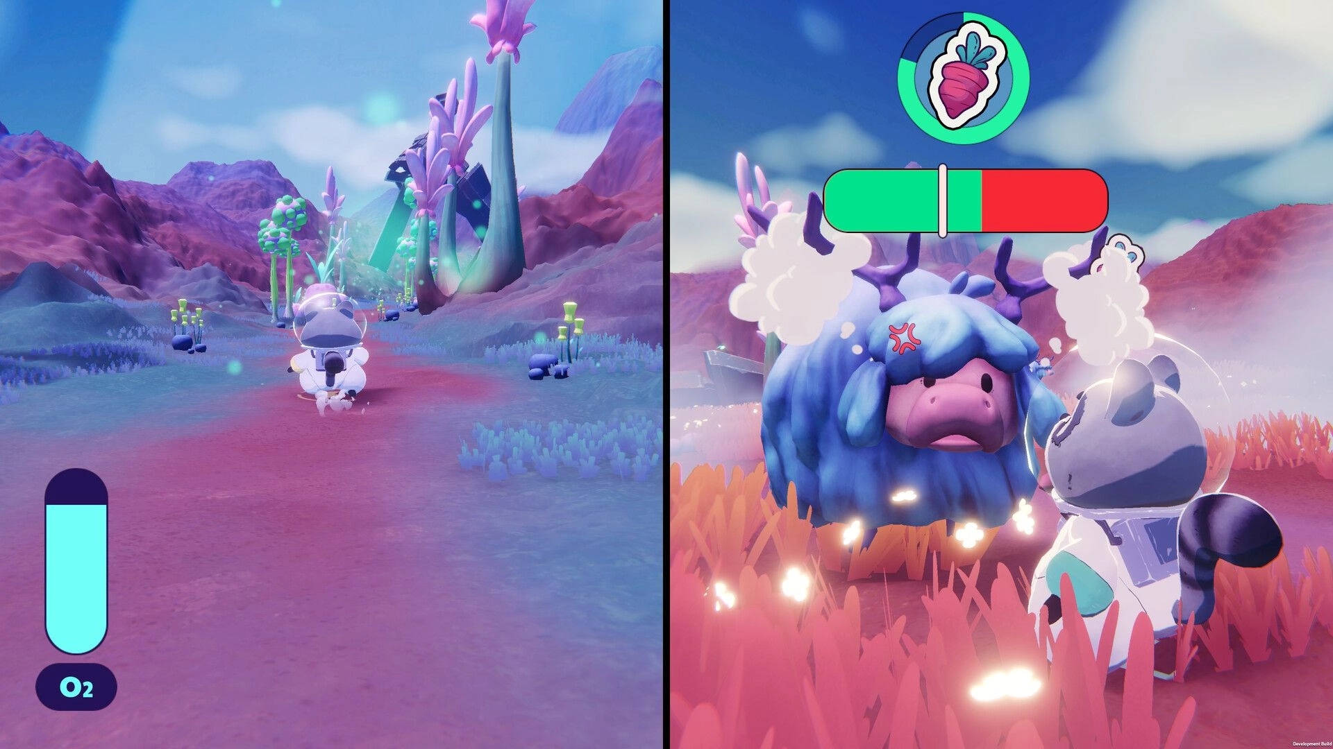 Coffee Raccoons: Astronaut raccoon explores alien valley and faces horned beast with harvest meter UI.