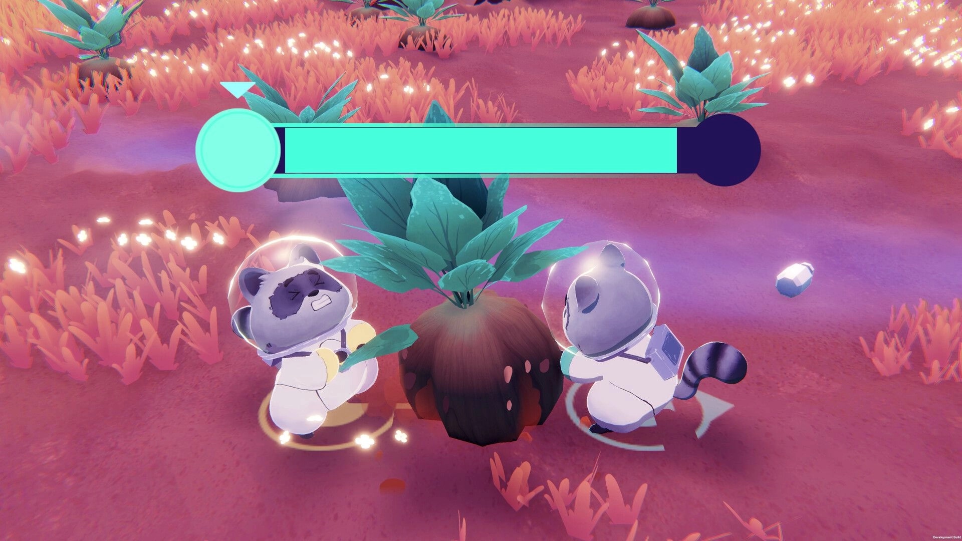 Coffee Raccoons: Two astronaut raccoons harvesting a plant on a pink alien field with progress bar UI.