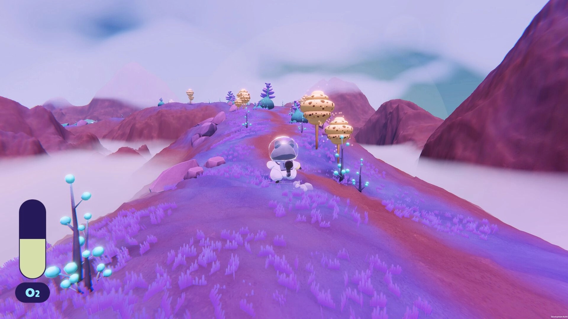 Coffee Raccoons: Astronaut raccoon running along a purple ridge with alien trees and O2 meter UI bottom left.