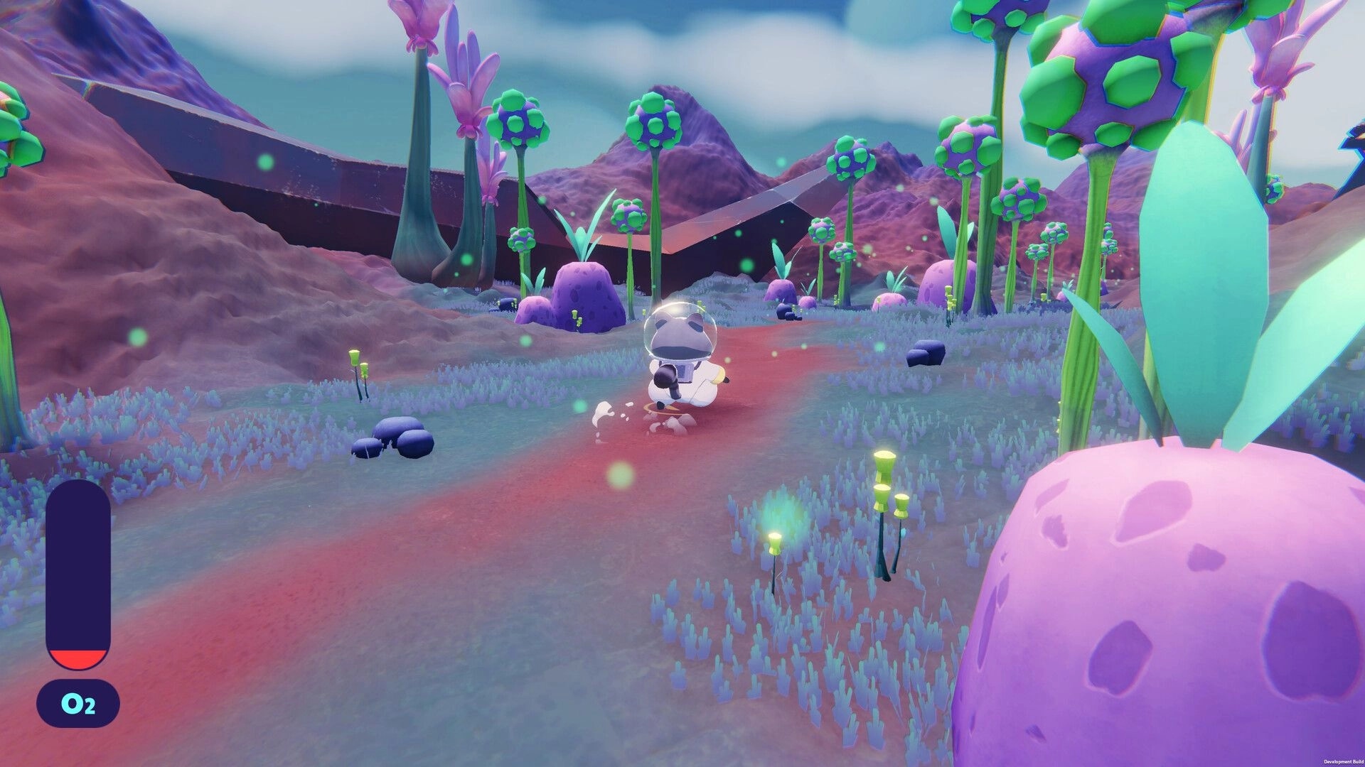 Coffee Raccoons: Astronaut raccoon runs along red trail through alien plants, O2 meter UI visible.
