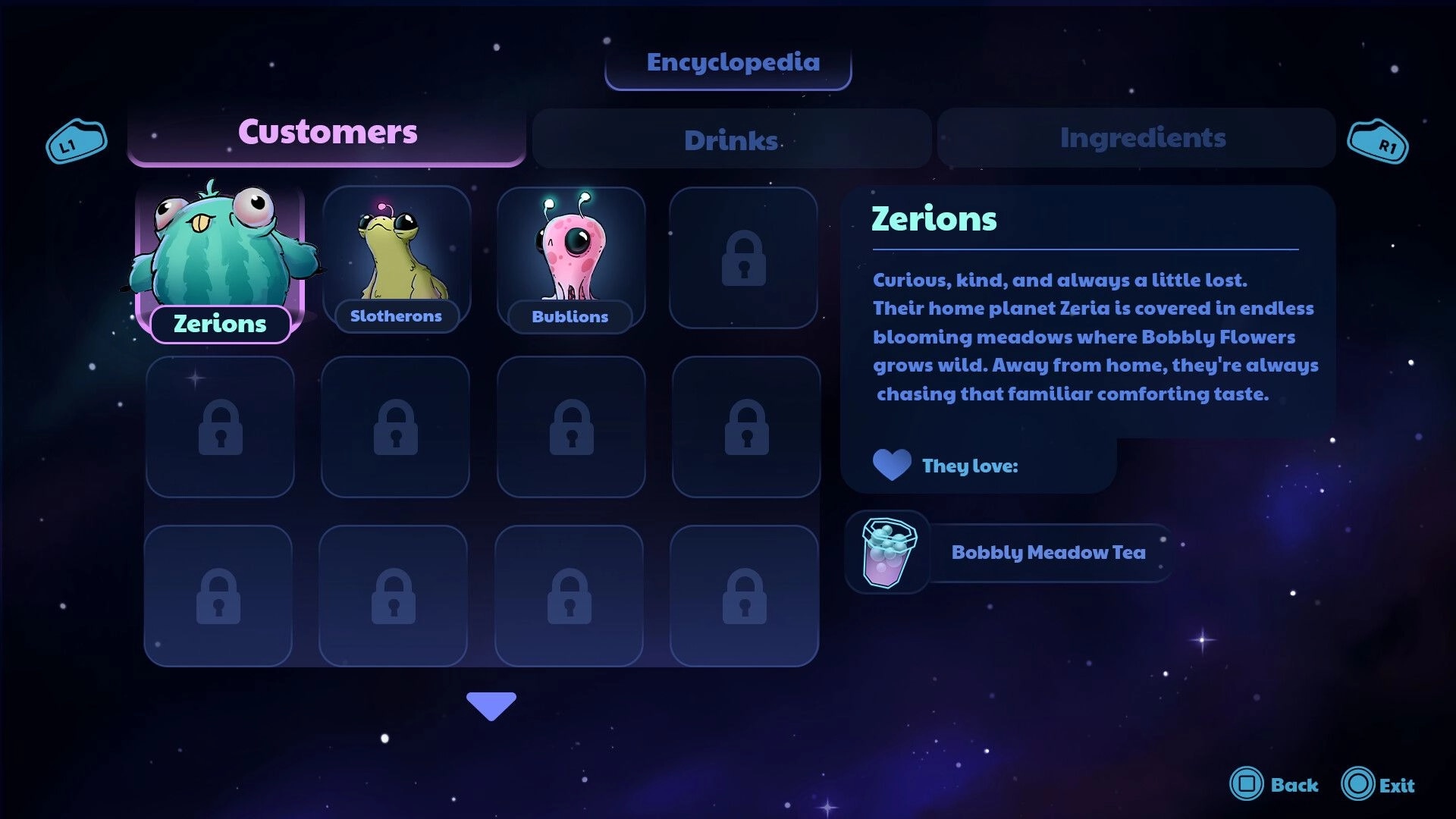 Coffee Raccoons: Encyclopedia customers tab highlighting Zerions with lore text and favorite drink panel.