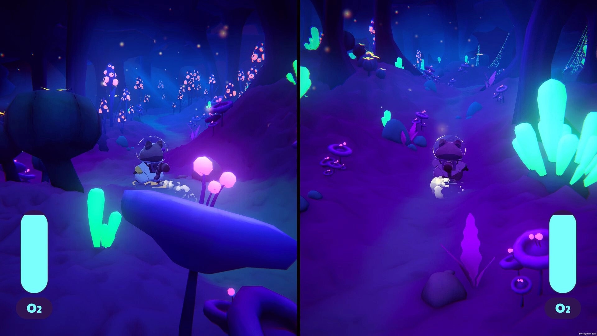 Coffee Raccoons: Split-screen raccoon astronauts running through glowing mushroom forest with counters at bottom.