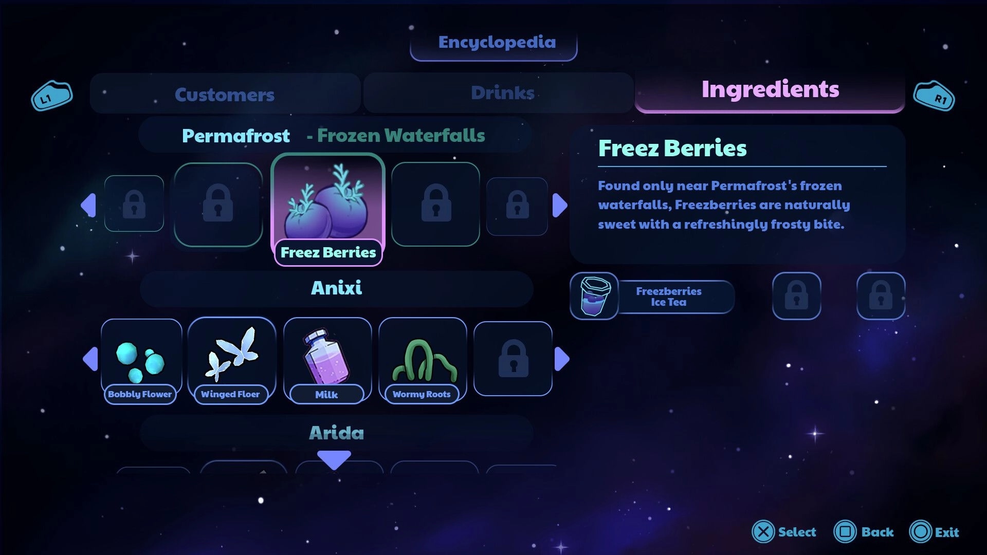Coffee Raccoons: Ingredients encyclopedia menu highlighting Freez Berries from Permafrost, starry UI backdrop.
