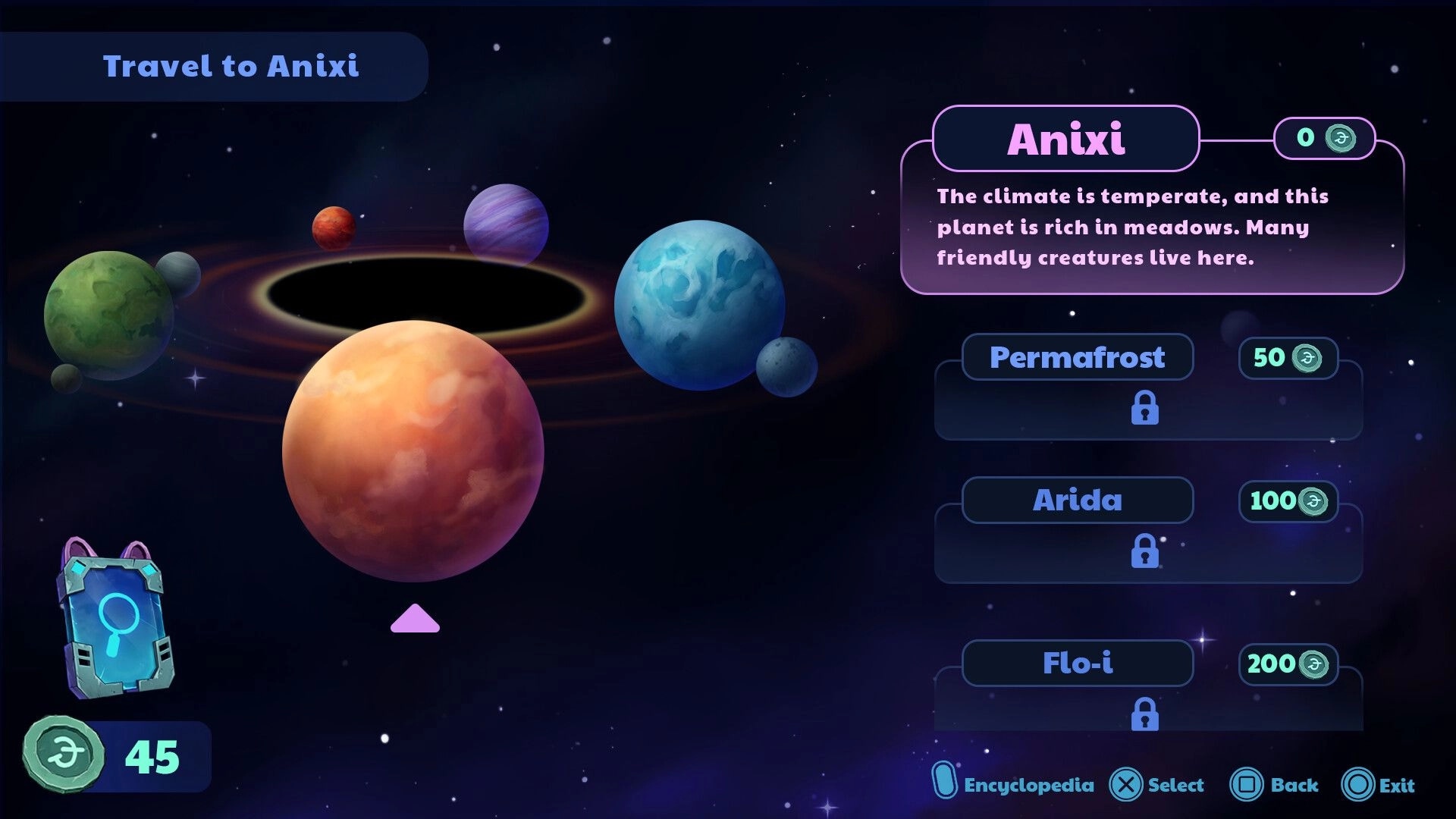 Coffee Raccoons: Planet travel menu highlighting Anixi with description, other worlds locked in starfield.