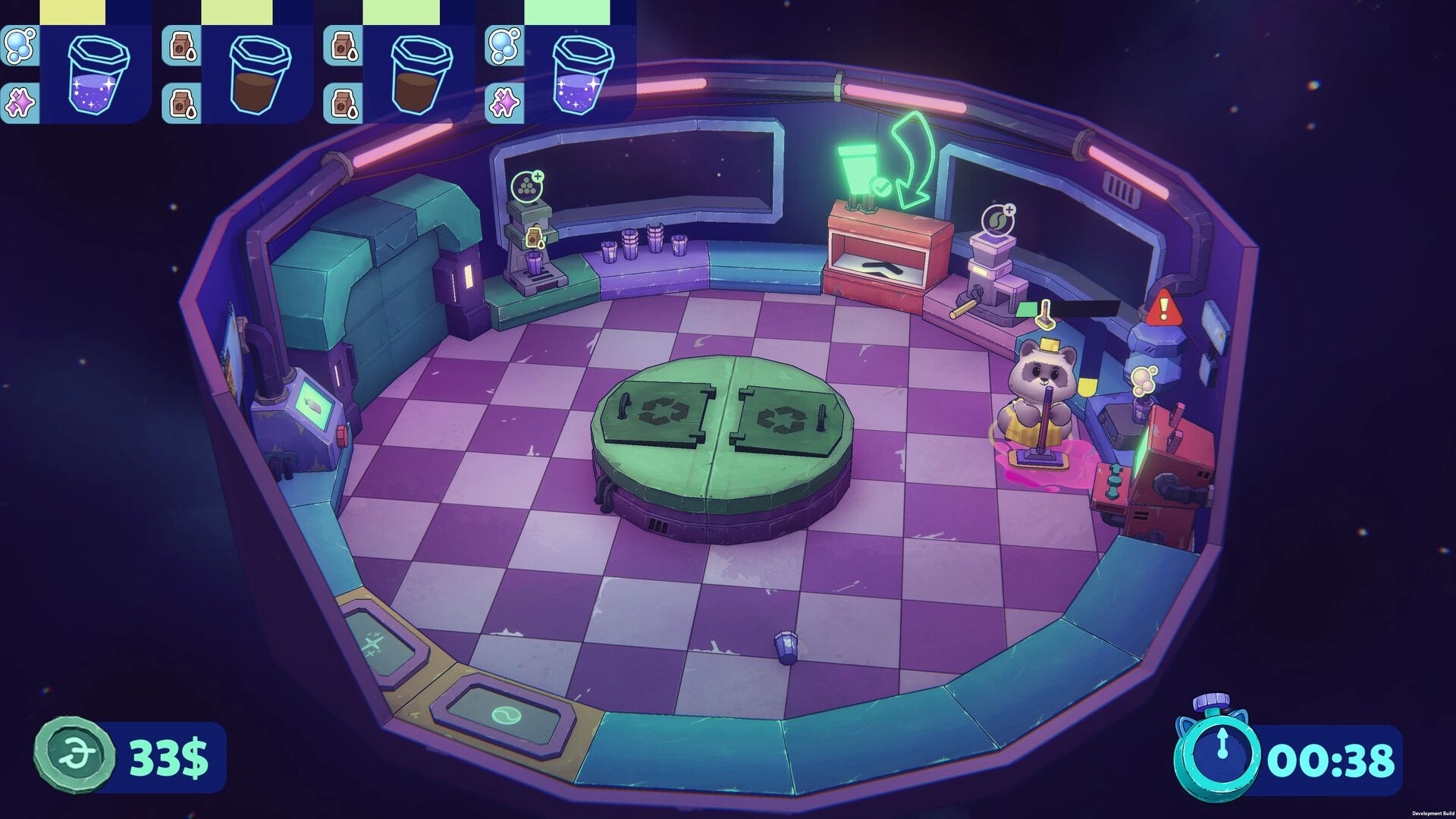 Coffee Raccoons: Raccoon janitor mopping by coffee machines in a neon-lit spaceship café room UI timer and cash.