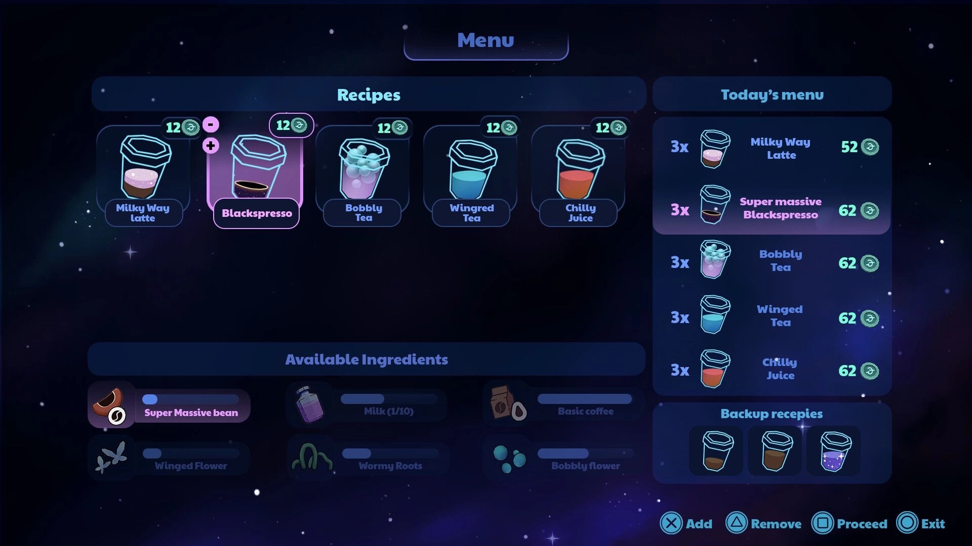 Coffee Raccoons: Menu screen selecting recipes and today's menu list, with ingredients bar below.