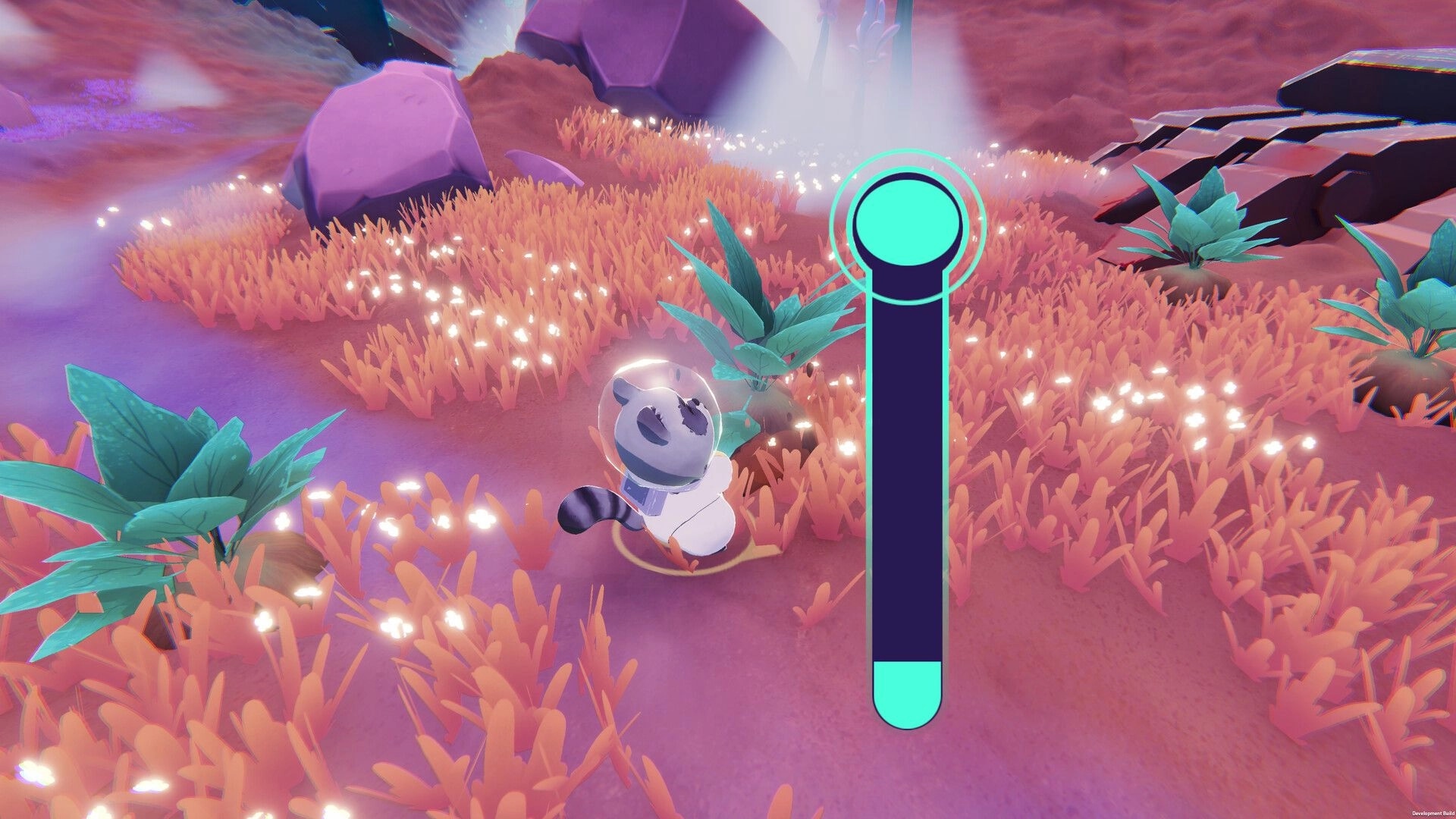 Coffee Raccoons: Raccoon in a bubble helmet beside a tall slider UI on a glowing alien meadow.