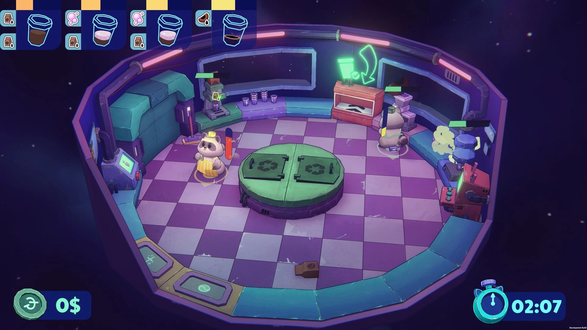 Coffee Raccoons: Raccoon barista works beside coffee machines in a neon spaceship cafe with timer UI.