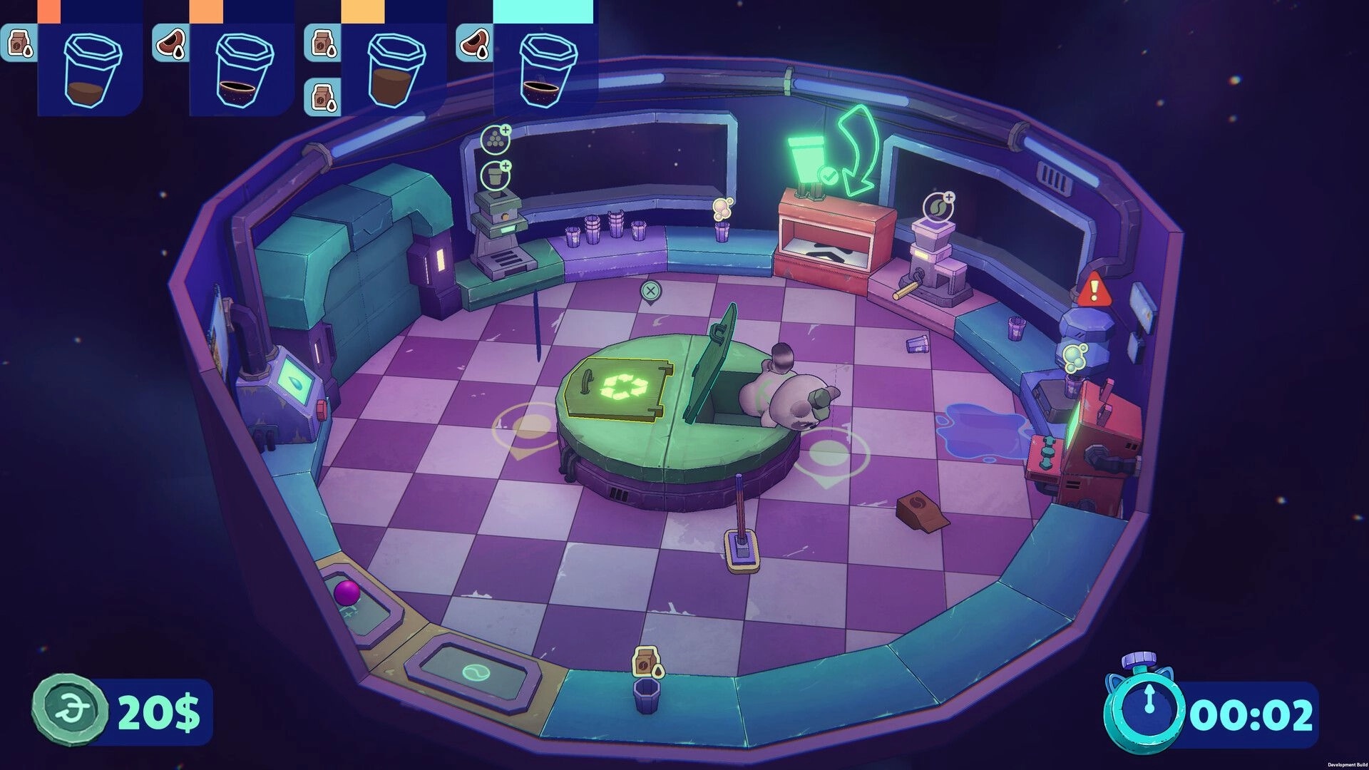 Coffee Raccoons: Raccoon cleans a messy space café kitchen with mop, drink icons and timer UI visible.