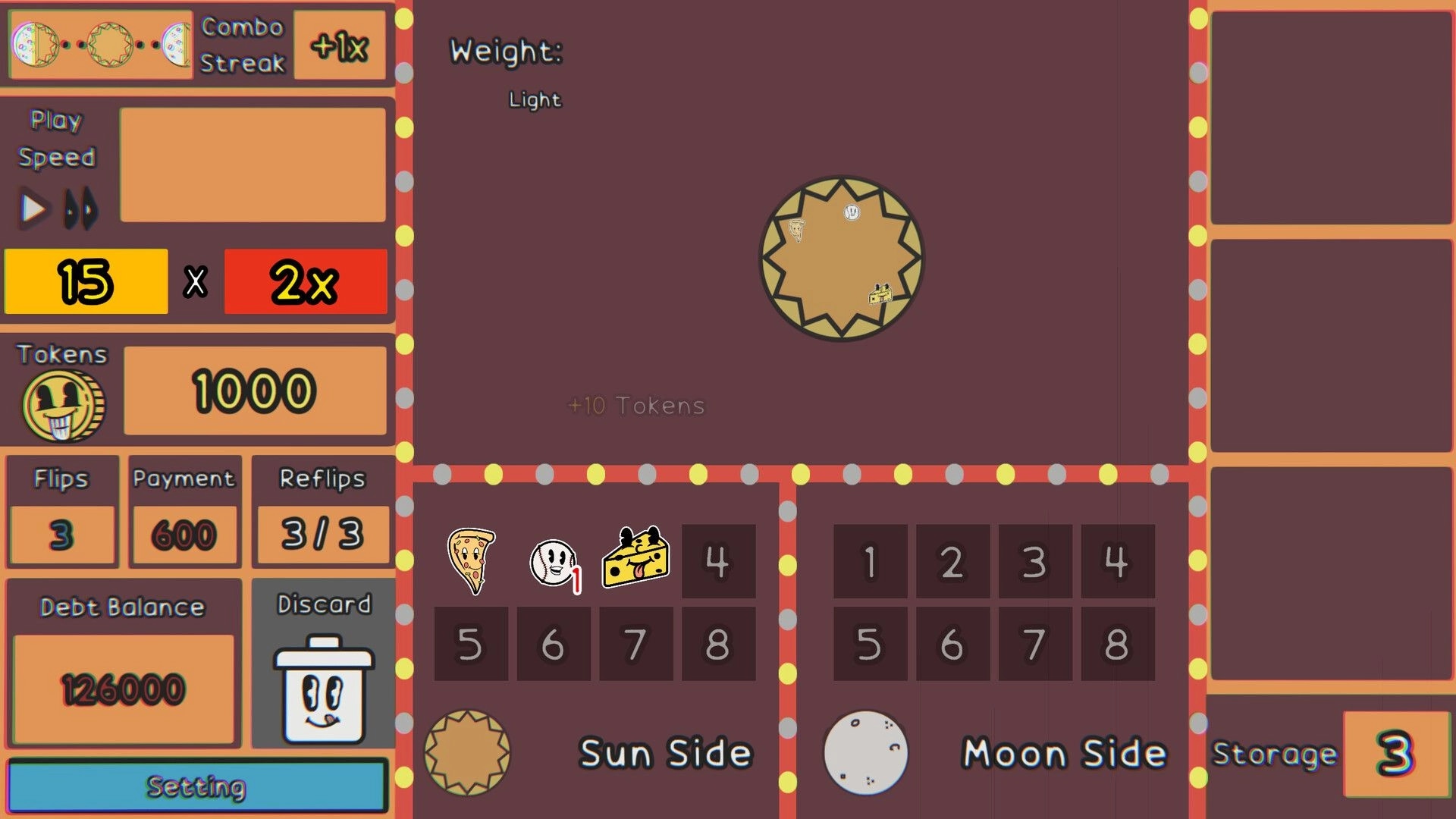 Coin Shark: Gameplay screen with coin flip stats, token count, and discard options in a deck builder setting.