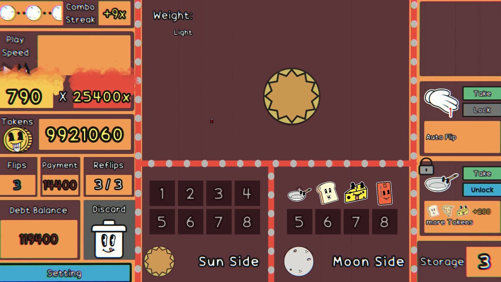 Coin Shark: Coin flipping interface with sun and moon sides, token count, and combo streak display