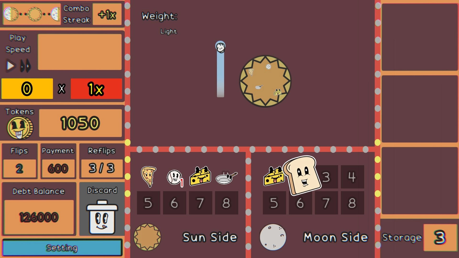Coin Shark: Coin flip interface with token count, weight gauge, and item slots in a brown background.