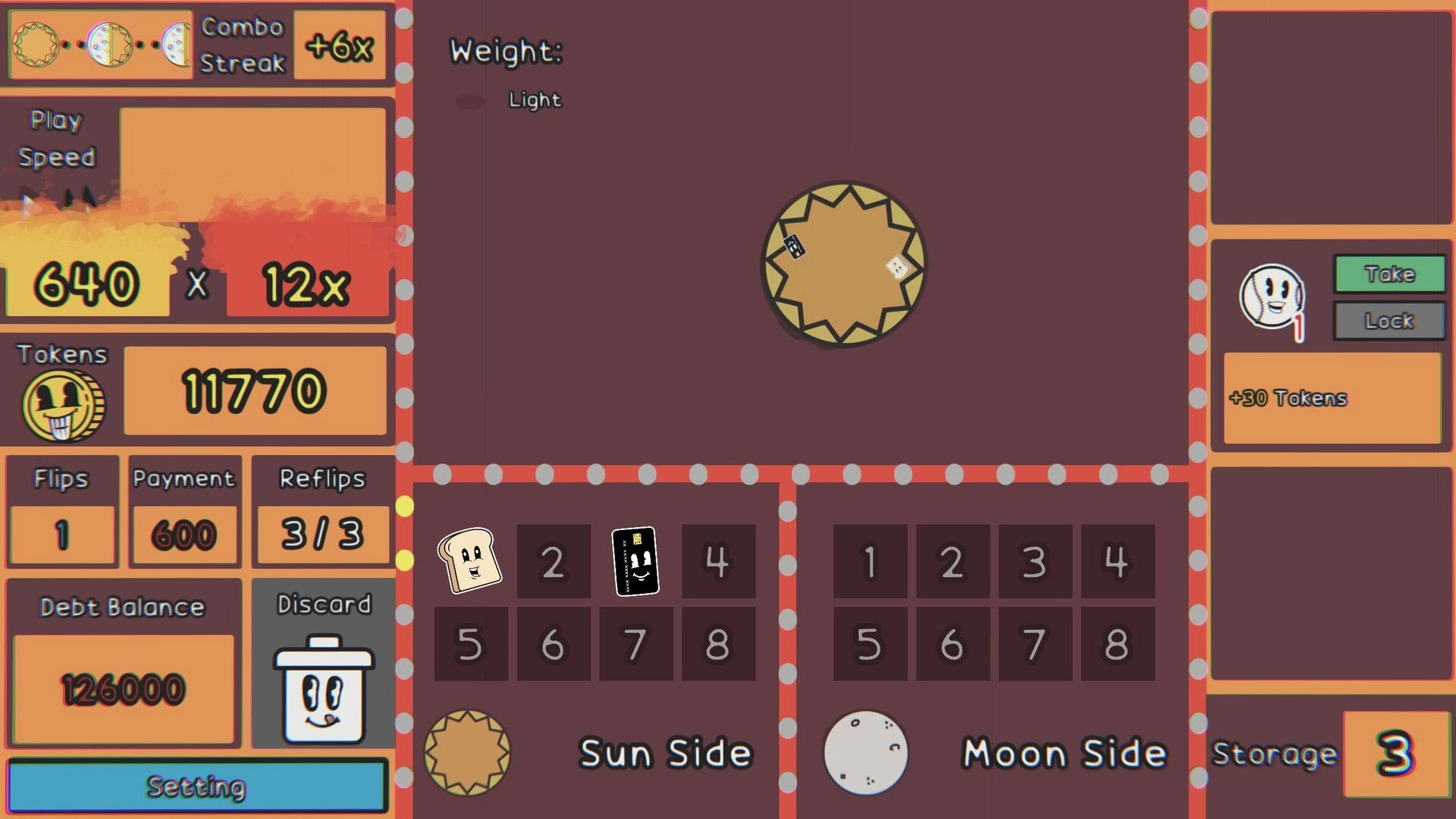 Coin Shark: Coin flipping interface with combo streak, tokens count, and sun and moon side options.