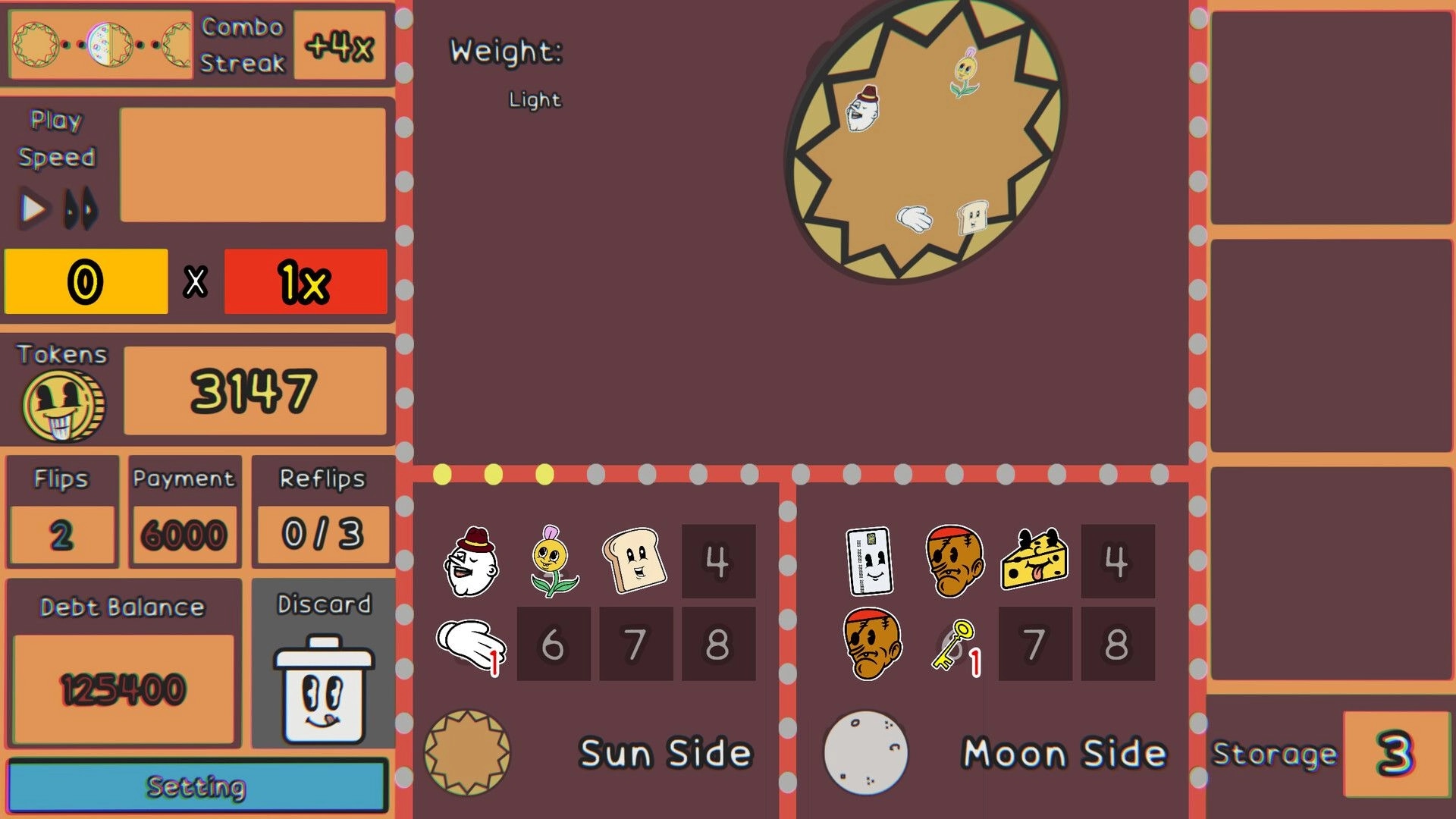 Coin Shark: Game interface with token count, flips, and deck items displayed on Sun and Moon sides.