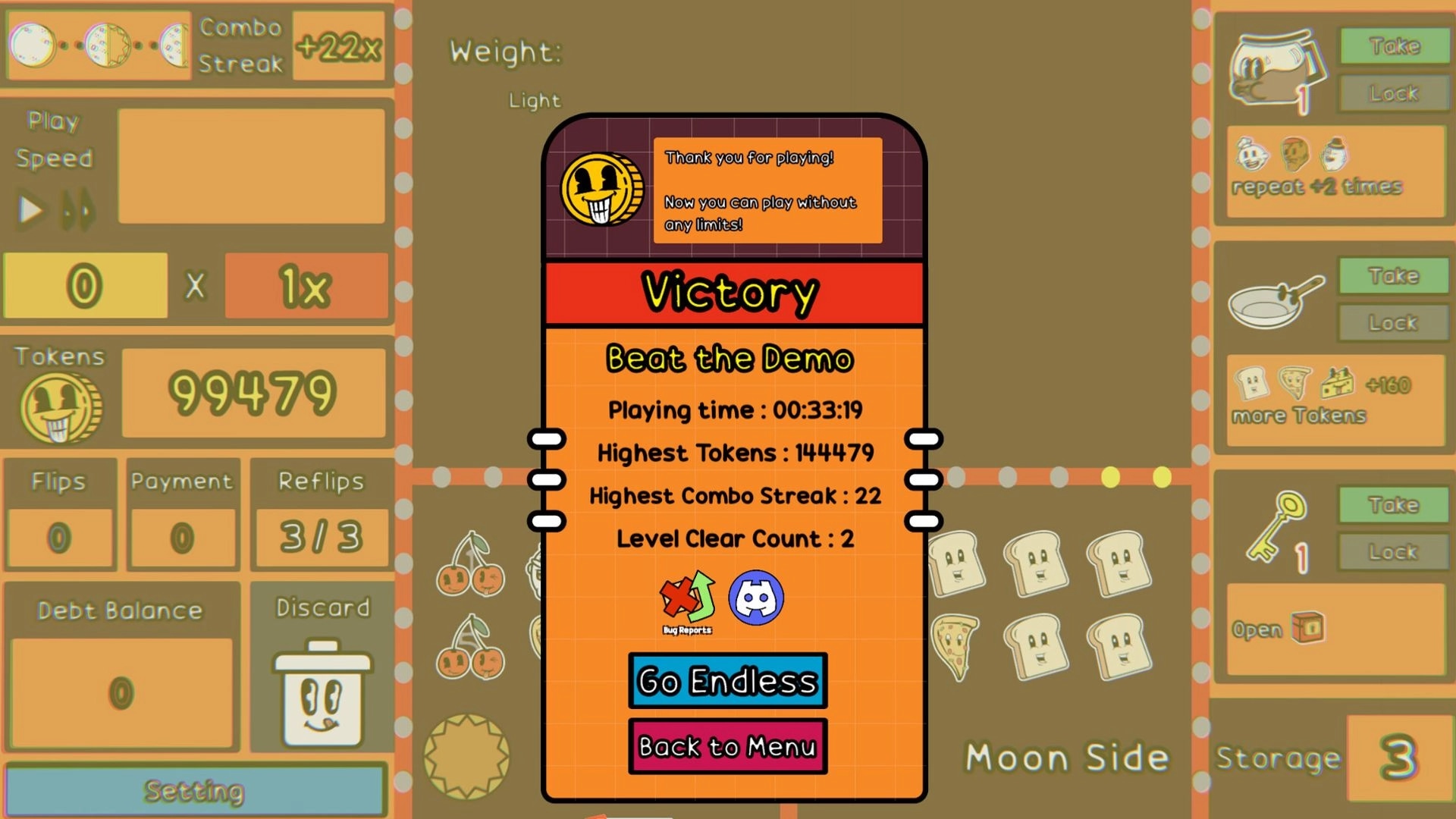 Coin Shark: Victory screen showing stats, tokens, and options to continue or return to menu