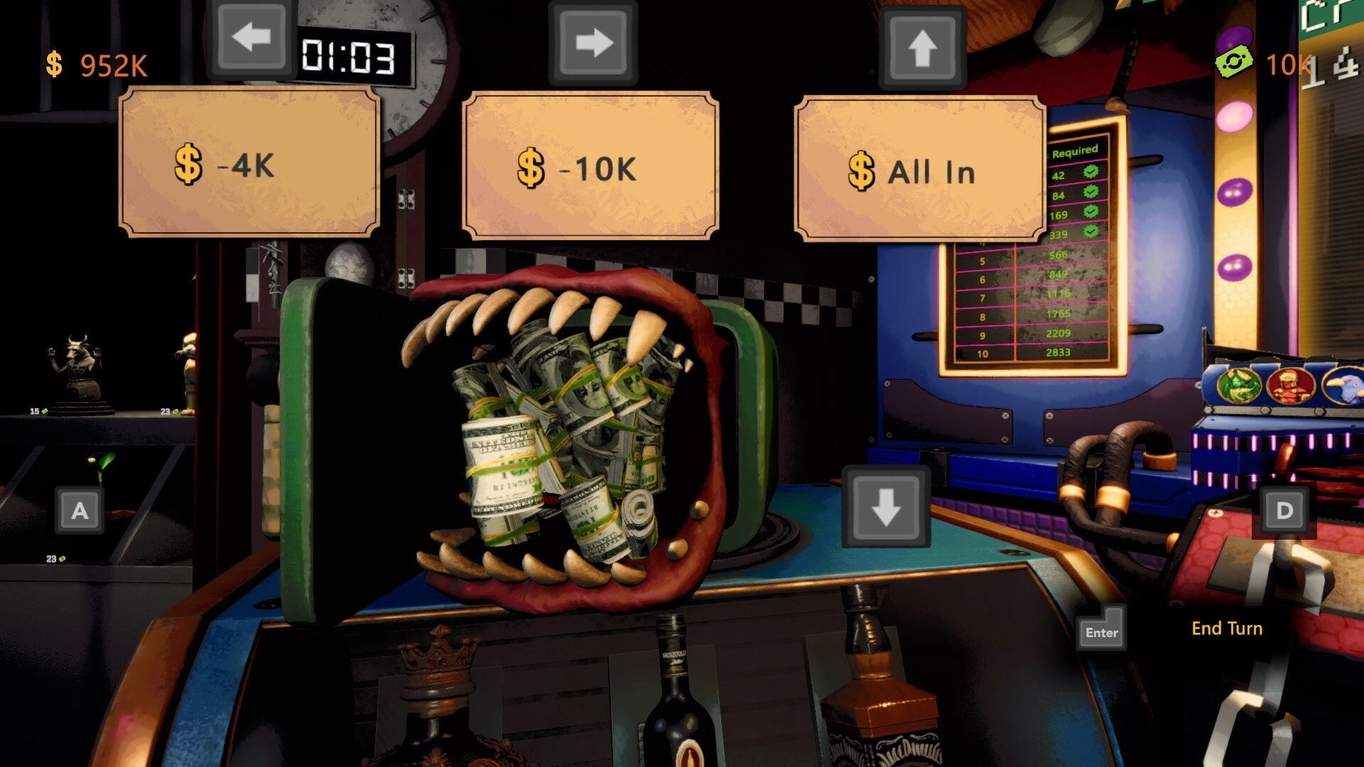 CoinPit: Bet selection UI with -4K, -10K, and All In above a cash-filled monster mouth bar arcade.