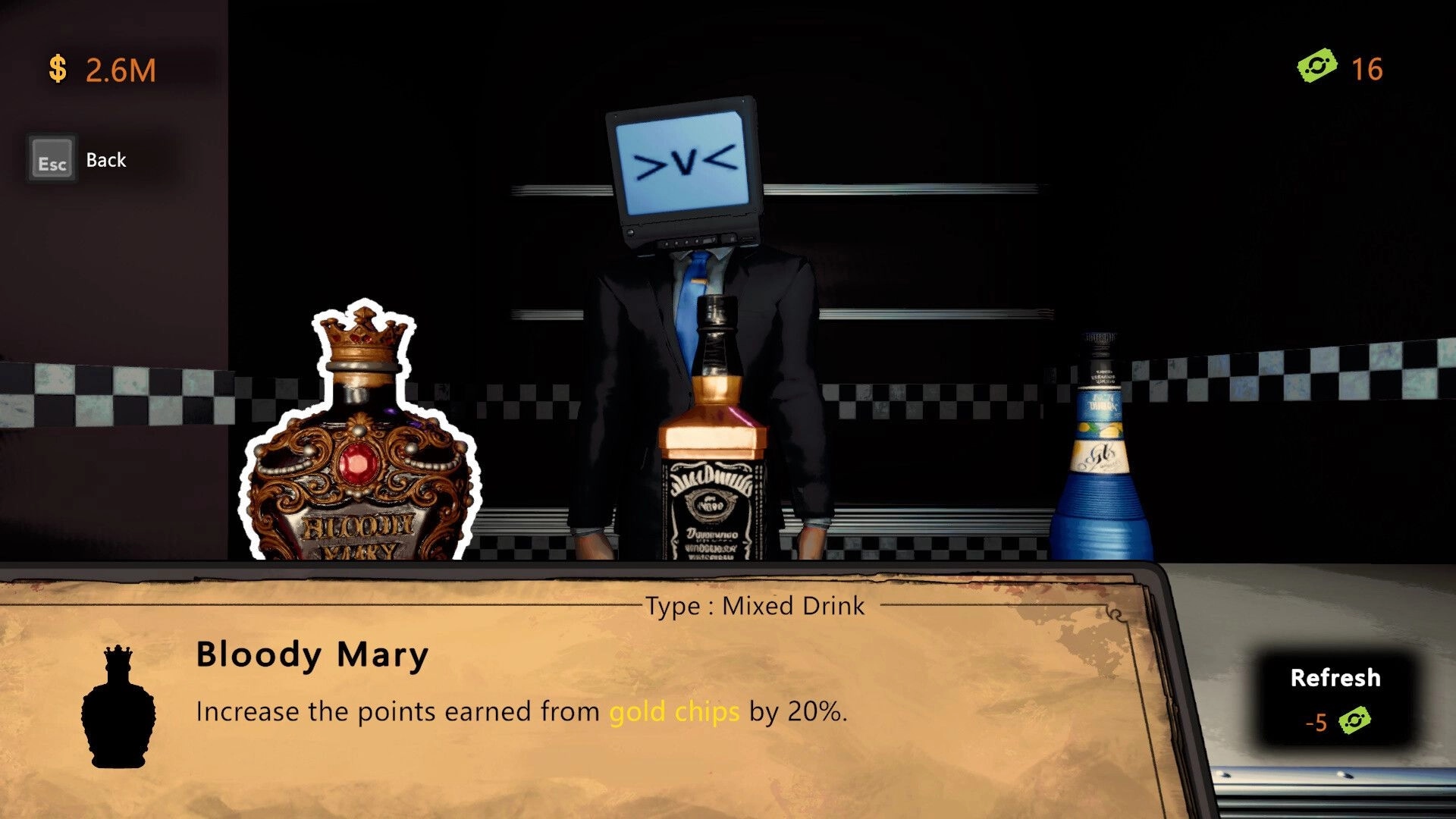 CoinPit: Bar shop screen offering Bloody Mary mixed drink buff with refresh button in dim bar.