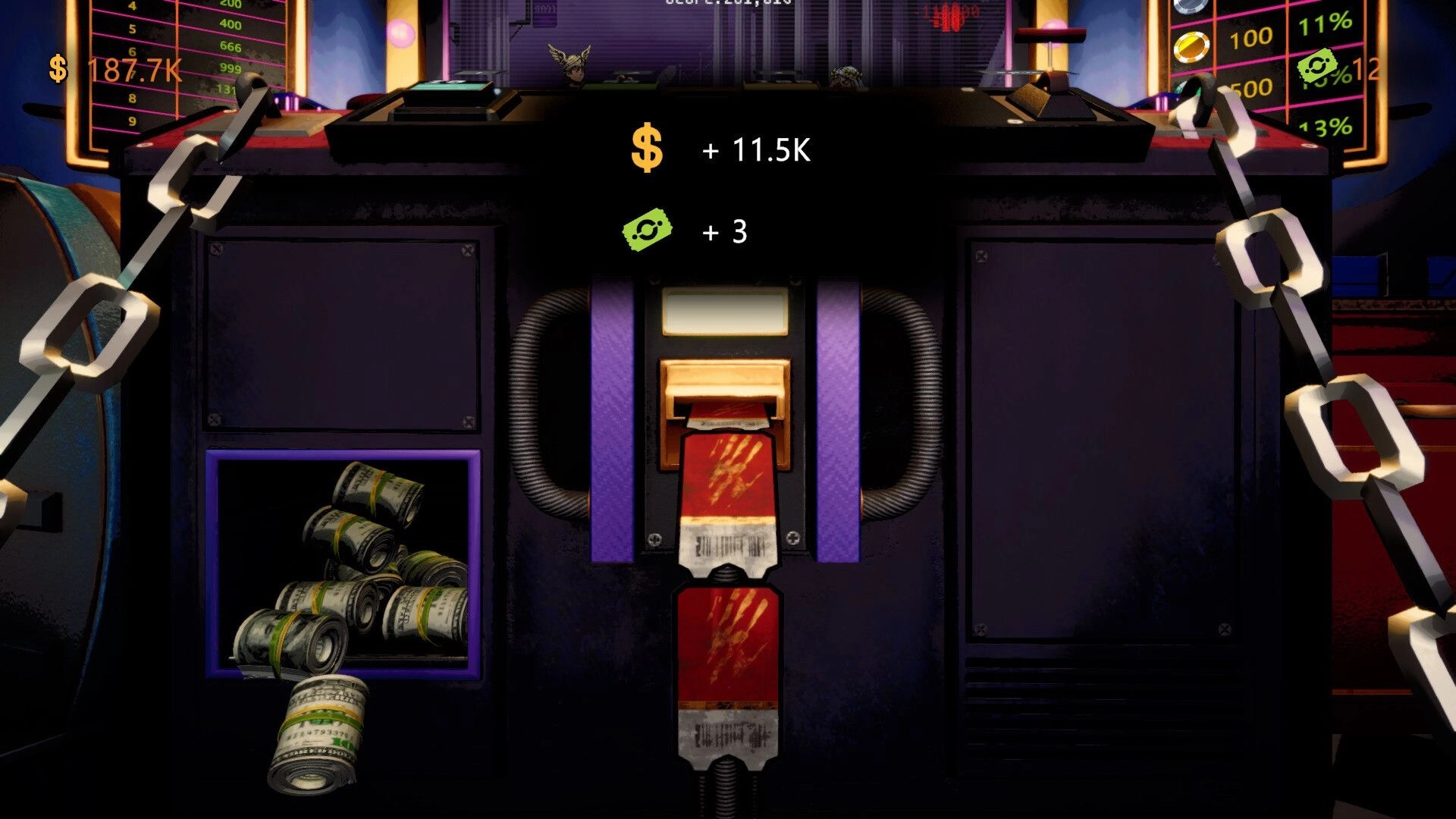 CoinPit: Cash payout popup +11.5K and +3 above coin pusher machine with chains and bills slot.