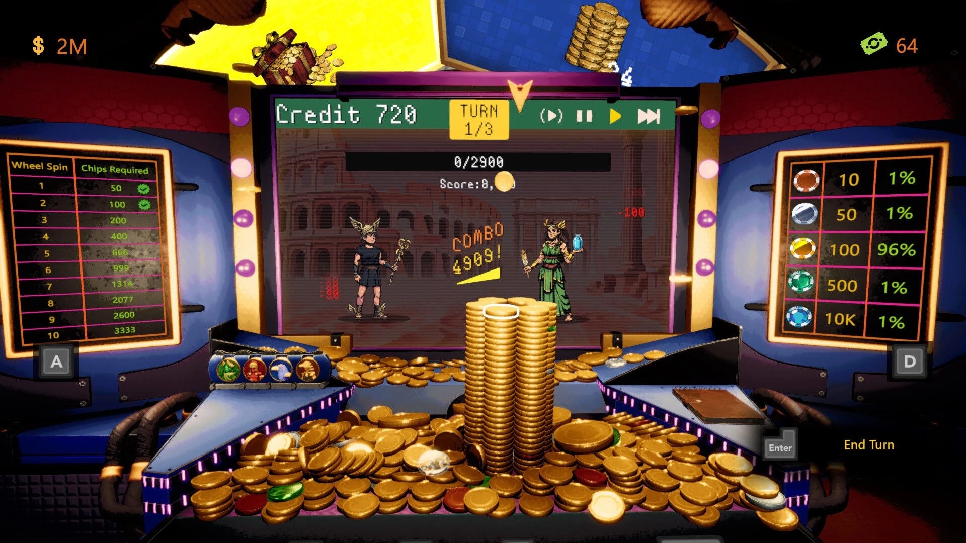 CoinPit: Coin pusher turn with towering coin stacks, combo score, and wheel odds UI in bar machine.