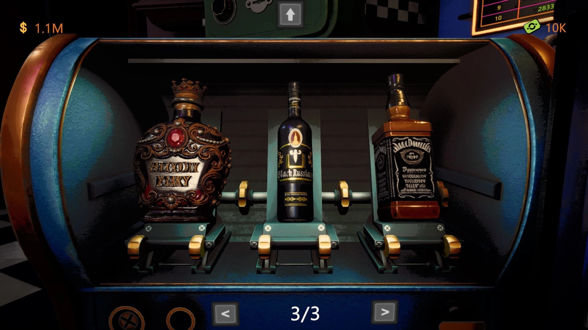 CoinPit: Slot reel displays three liquor bottles with cash total and arrows in dim bar cabinet.