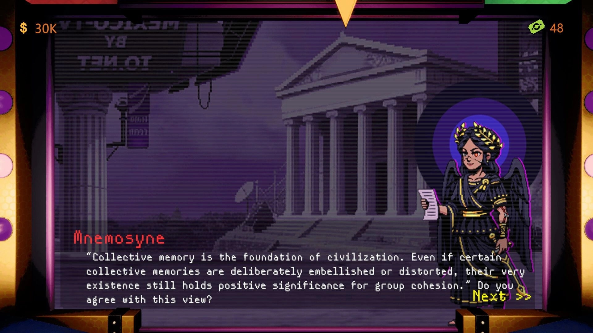 CoinPit: Dialogue screen with Mnemosyne portrait and Next prompt over a purple temple backdrop.