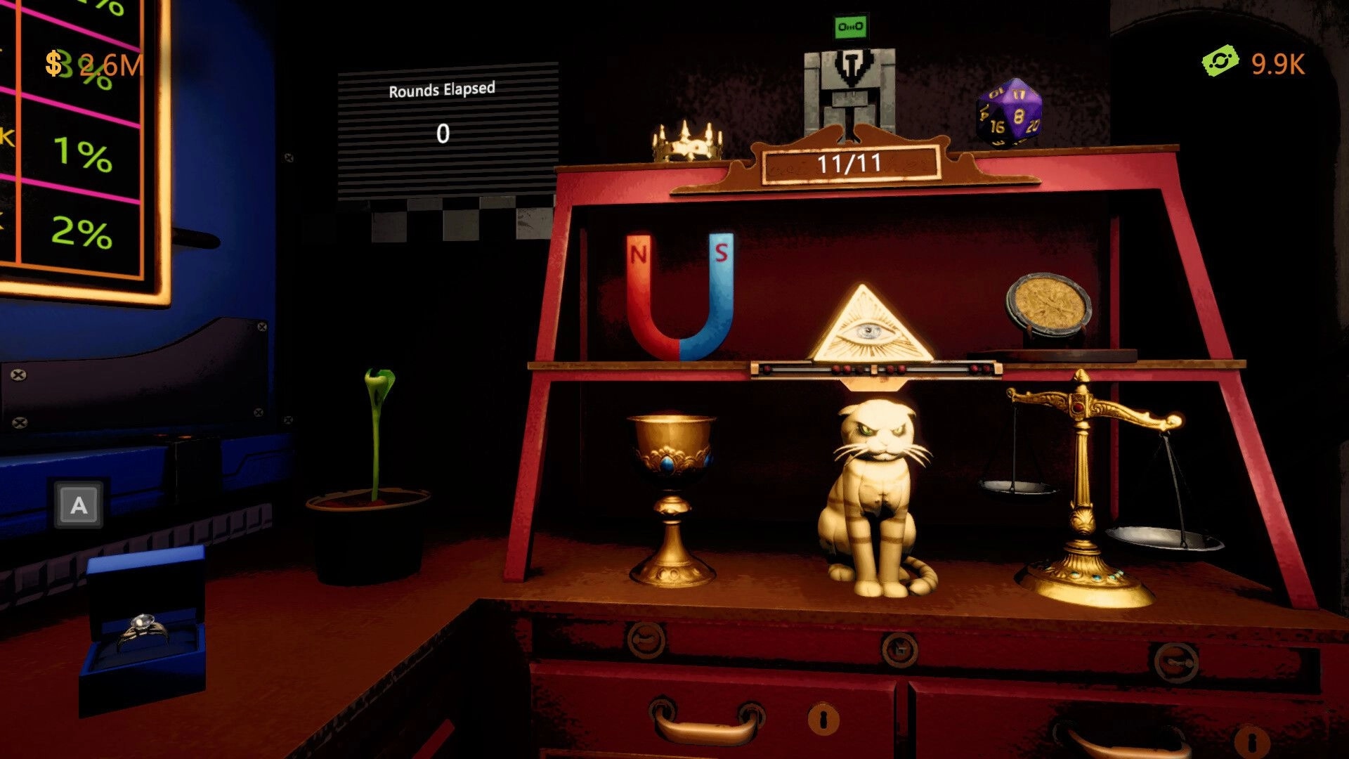 CoinPit: Shop shelf with magnet, cat statue, scales and relics in a dim bar UI with cash counter.