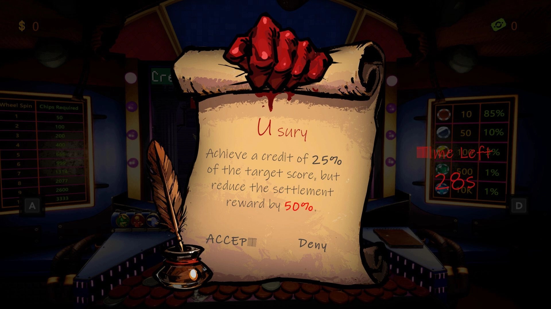 CoinPit: Usury contract pop-up with Accept and Deny buttons over the coin pusher machine UI.
