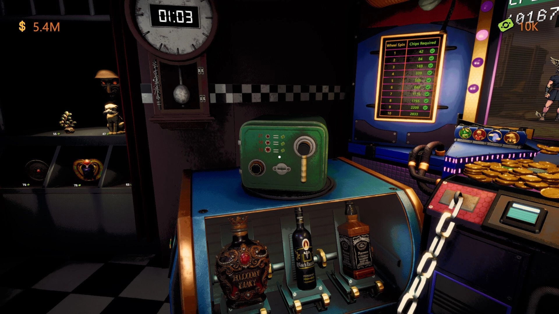 CoinPit: Coin pusher machine with lever and wheel spin cost board in a dim bar arcade corner.
