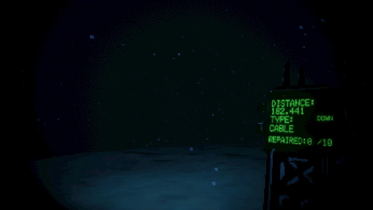 Cold Abyss: HUD display showing distance, cable type, and repair status on ocean floor exploration.